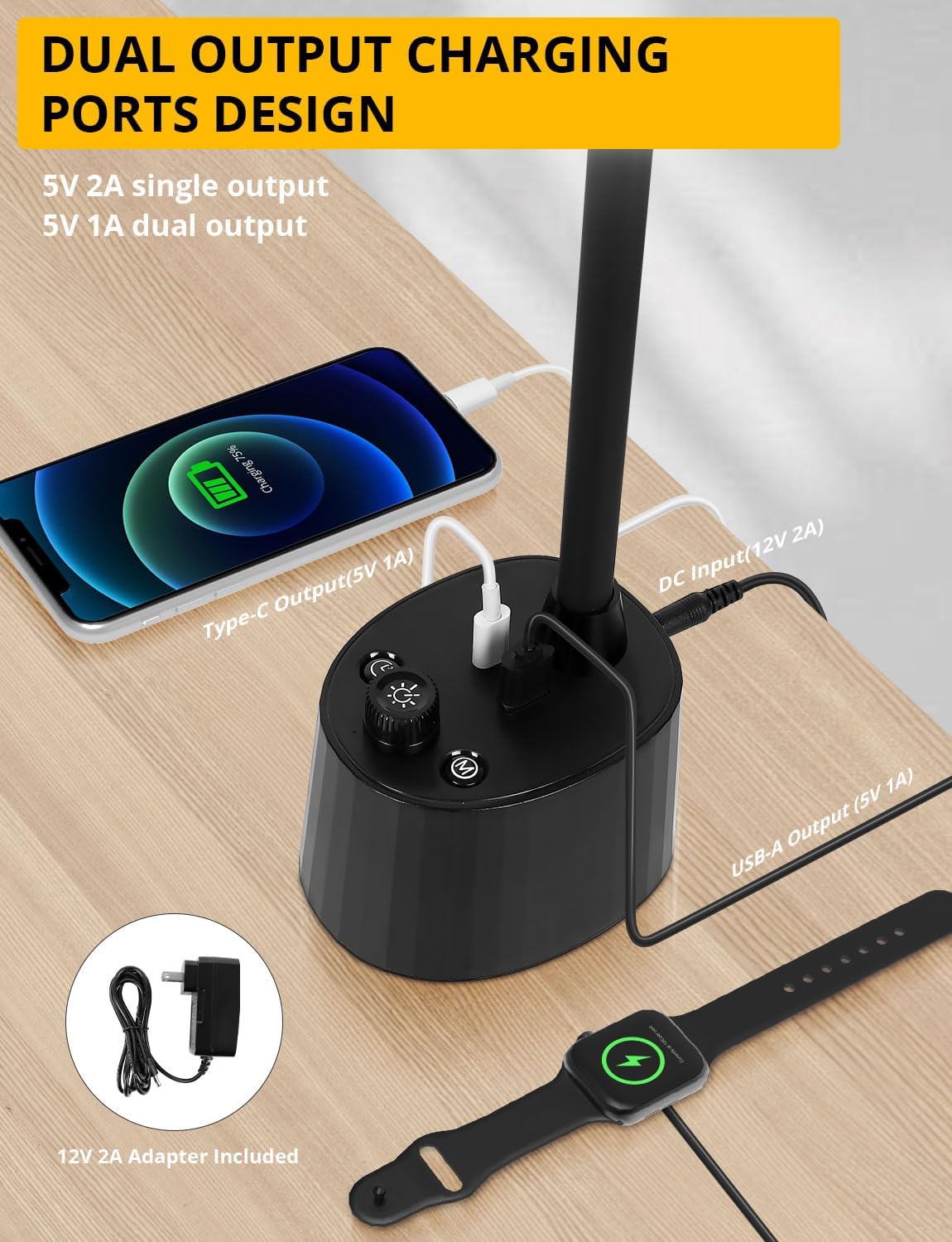 Desk Lamp with Dual Head & 10W Smart Dual USB Charging Port 5 Color Modes Dimmable Reading Light 2600 Lumens 12W Table Lamp for Bedside Office, Adapter Include - Lumora Desk