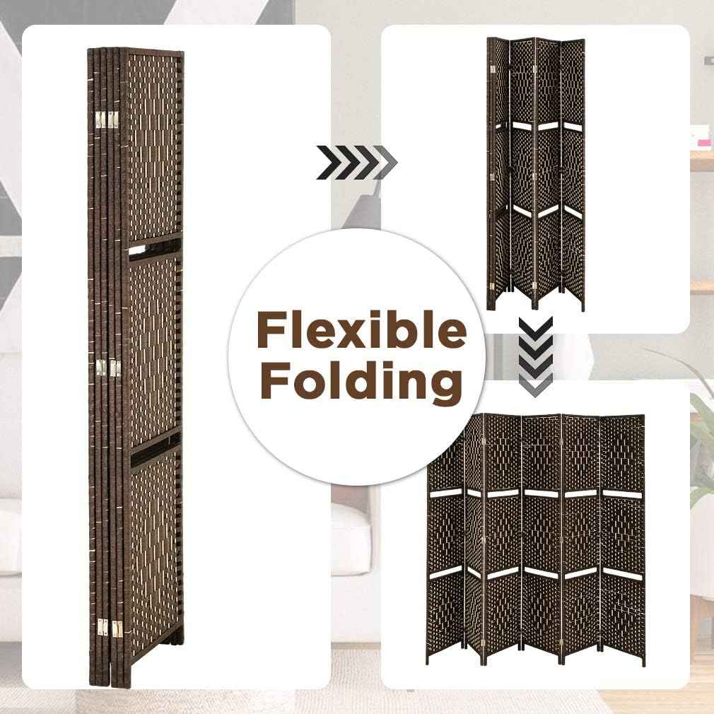 Room Divider and Folding Privacy Screens, 6 Panel Wall Wood Folding Screen Partitions with Removable Storage Shelves, 6FT Divider Freestanding Partition for Home Office Bedroom, Brown
