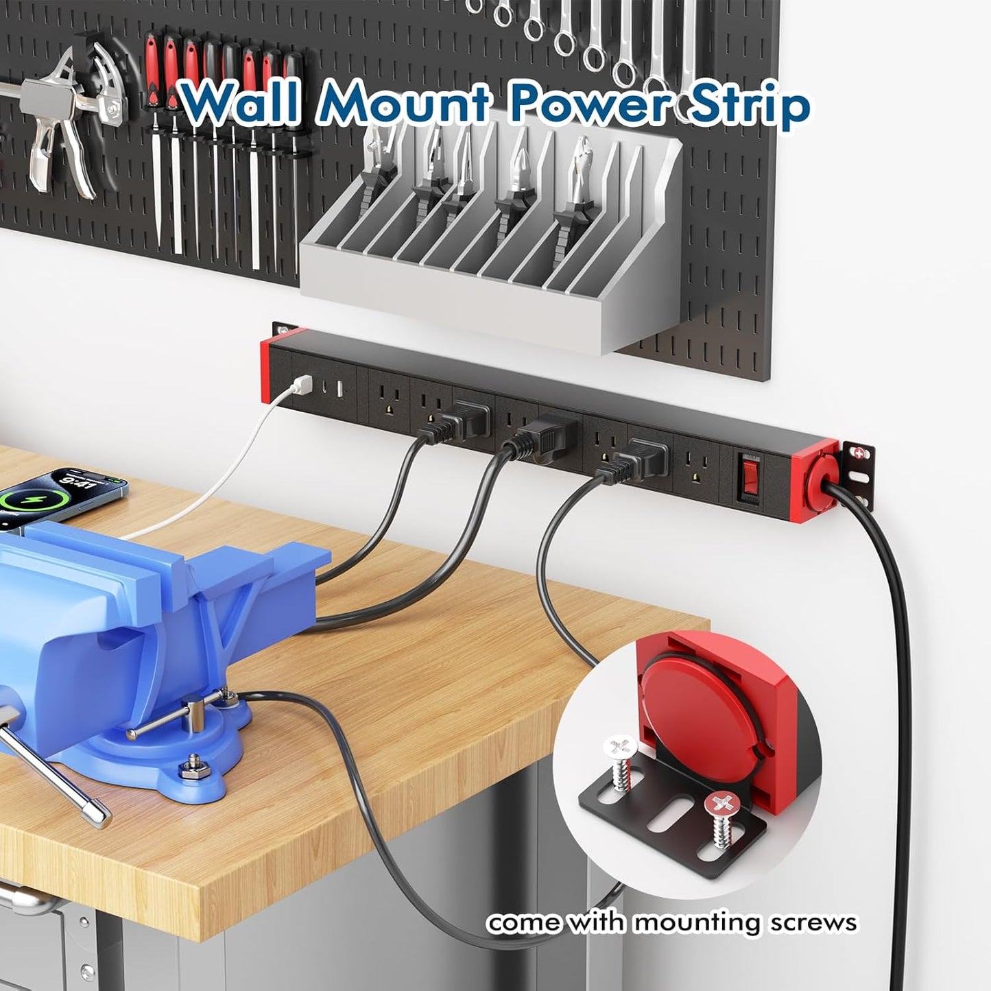 360° Rotating Mountable Power Strip with USB Ports, 8 Outlet Surge Protector Power Strips Wall Mount, Metal Heavy Duty Versatile Outlet with 6FT Power Cord,For Home Office Industrial Garage Commercial