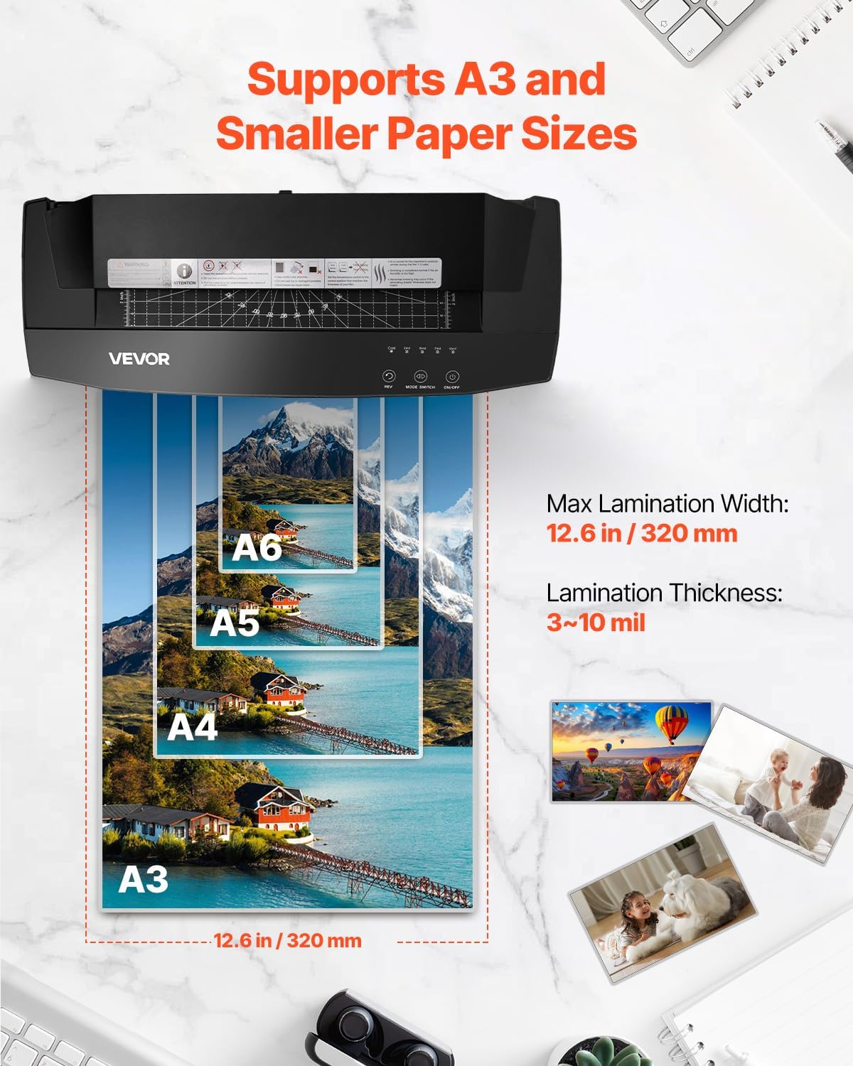 VEVOR Laminator Machine, Cold and Hot Laminator for Max A3 Paper Size, 1 min Quick Warm Portable Laminator, 3-10 mil Thickness, Ideal for Home, Office, Business, or School Supplies, Black