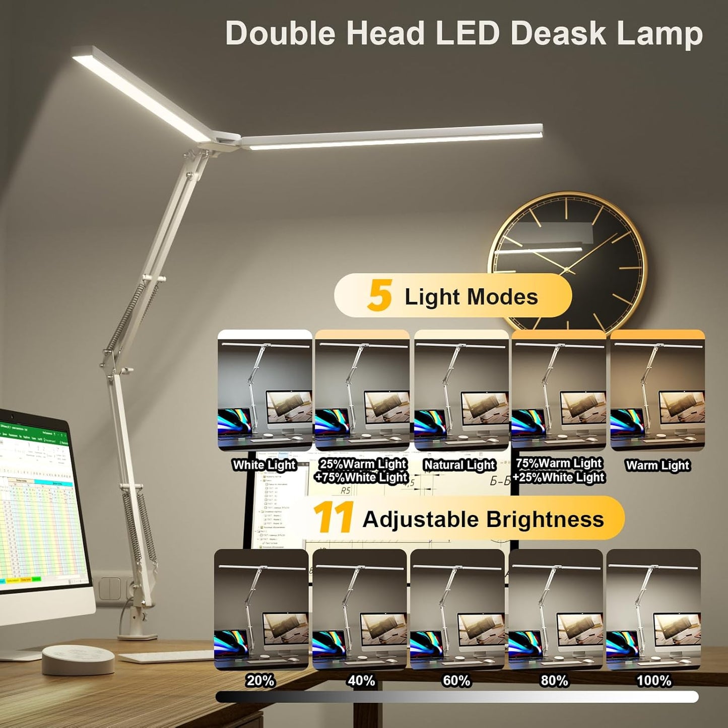 SKYLEO Led Desk Lamp for Home Office - 2400LM Ultra Bright Desk Light -Eye Caring Desk Lamp with Clamp - Adjustable Office Lamp with Remote Control- Easy Installation - 24W White - Lumora Desk