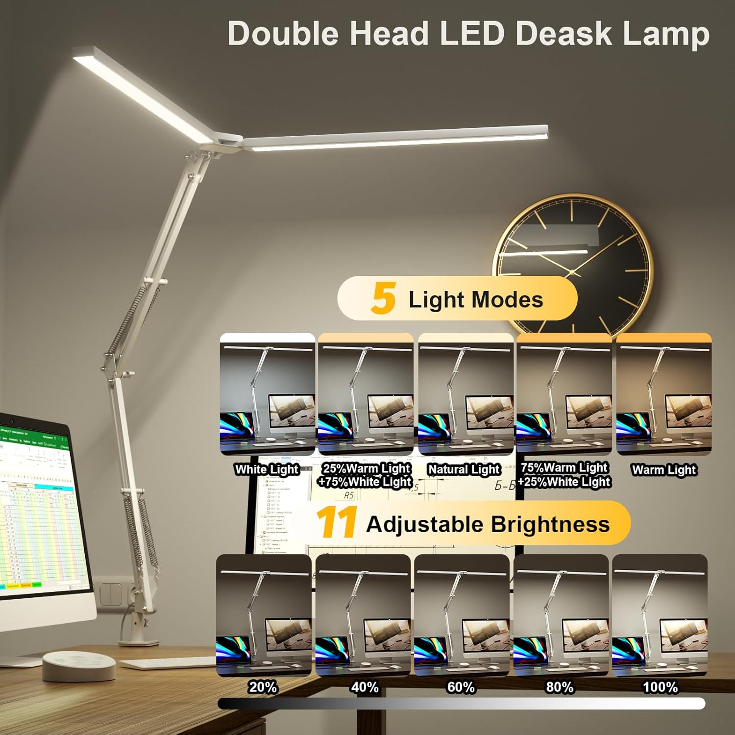 SKYLEO Led Desk Lamp for Home Office - 2400LM Ultra Bright Desk Light -Eye Caring Desk Lamp with Clamp - Adjustable Office Lamp with Remote Control- Easy Installation - 24W White - Lumora Desk