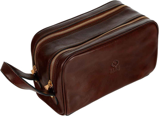 Time Resistance Leather Cosmetic Bag - Italian Toiletry Dopp Kit (Brown)