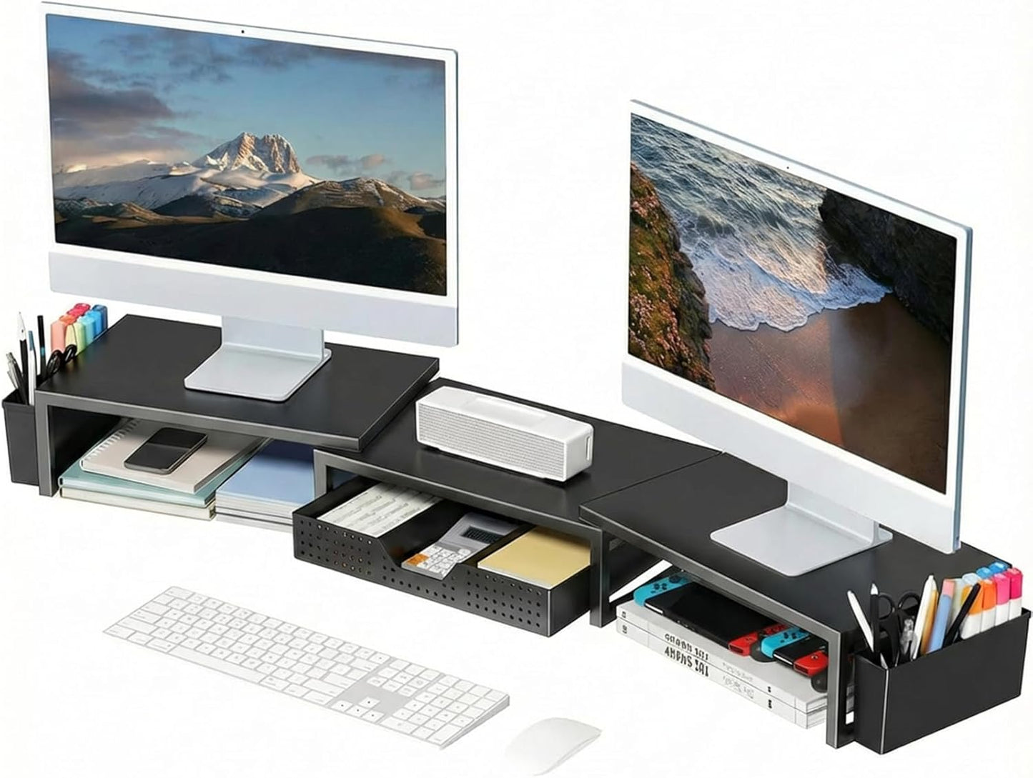 OPNICE Desk Organizers and Accessories, Dual Monitor Stand Riser with Drawer and 2 Pen Holders, Desk Shelf Metal Computer Racks for Office Workspace Organizers, Desktop Organization (Black Metal)