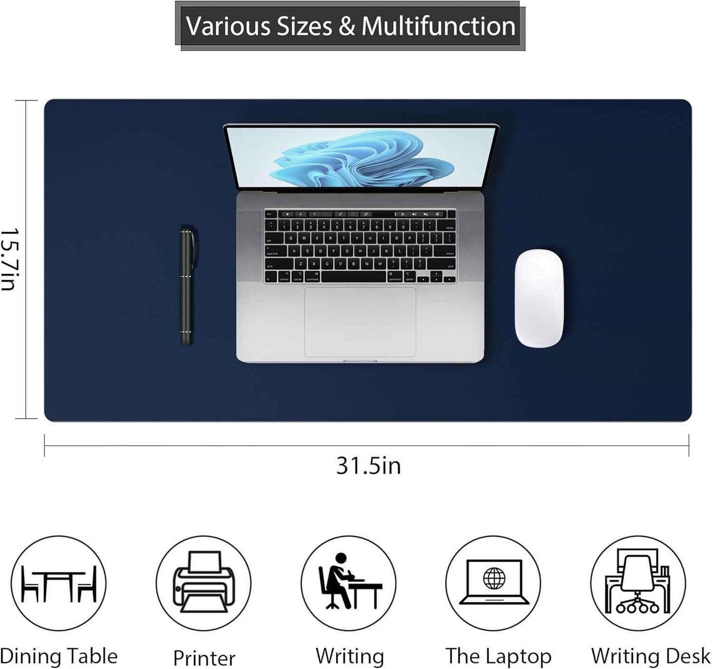 Leather Desk Pad Protector, Mouse Pad, Non-Slip Computer Mat for Desk, PU Leather Office Desk Mat for Home & Office, Waterproof Laptop Desk Blotter for Keyboard and Mouse, Navy (15.7''X31.5'')