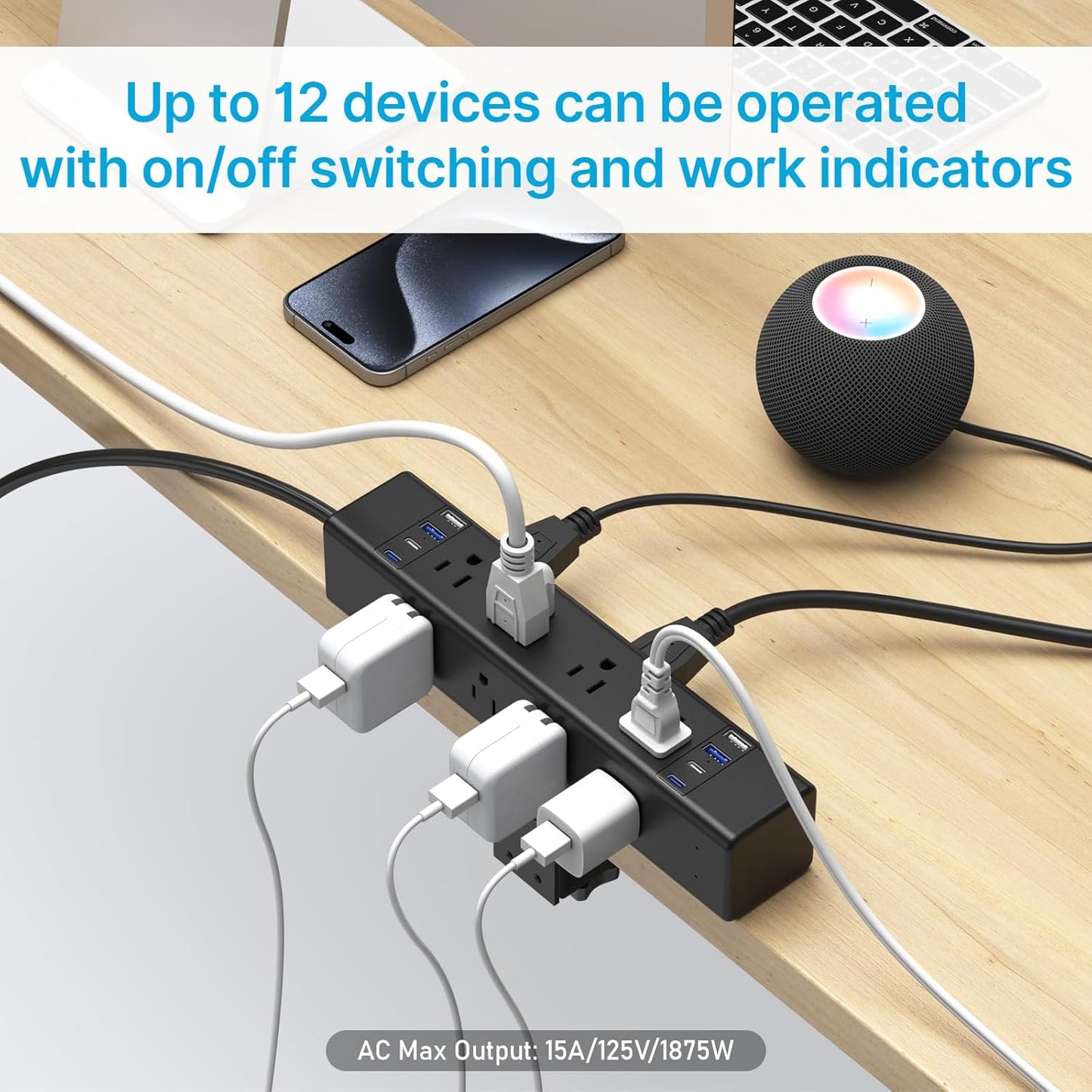CCCEI Desk Outlet Station 45W USB C Port. 12 Outlet Desktop Clamp Power Strip Surge Protector 4800J with Switch. Nightstand Office Standing Desk Accessories, Fit Thicker Table Edge or Screw Mount, 6FT