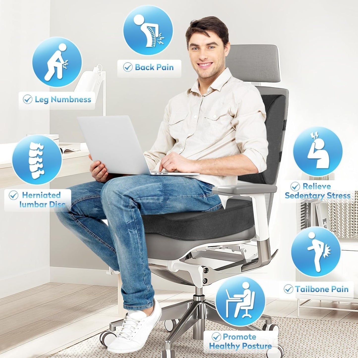 CloudBliss Lumbar Support Pillow & Seat Cushion Set for Office Chair, Desk Chair, Wheelchair & Car–Memory Foam Back Support, Ergonomic Chair Cushions,Sciatica Pain Relief,Home Essentials(Grey,XL)