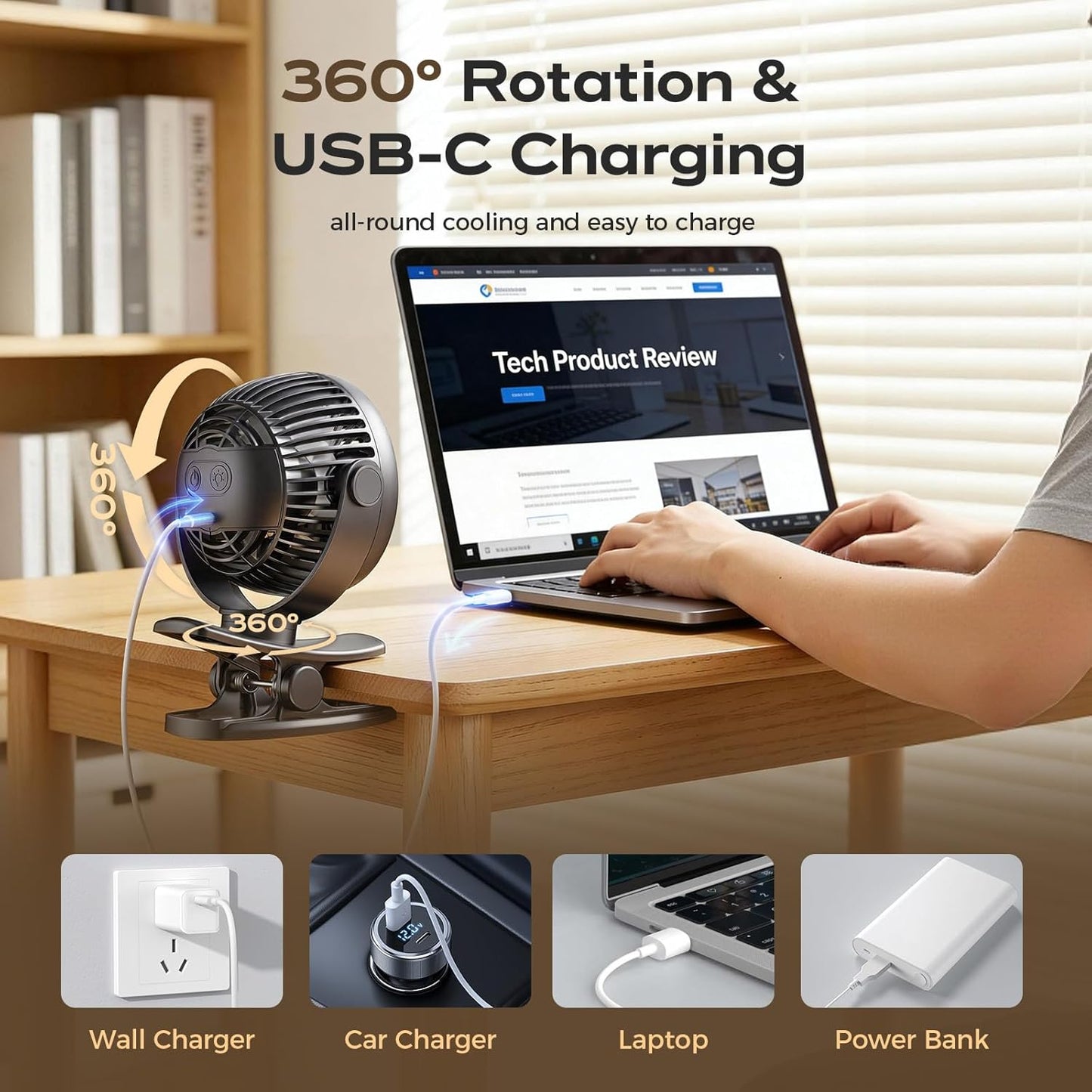 Coohea Portable Clip on Fan 4000mAh Rechargeable Battery Last Up to 26.5H Runtime, Desk Fan with 4 Speeds & 360° Rotation, Powerful Yet Quiet Mini Fans for Office, Gym, Bed, Stroller, Study (Black)