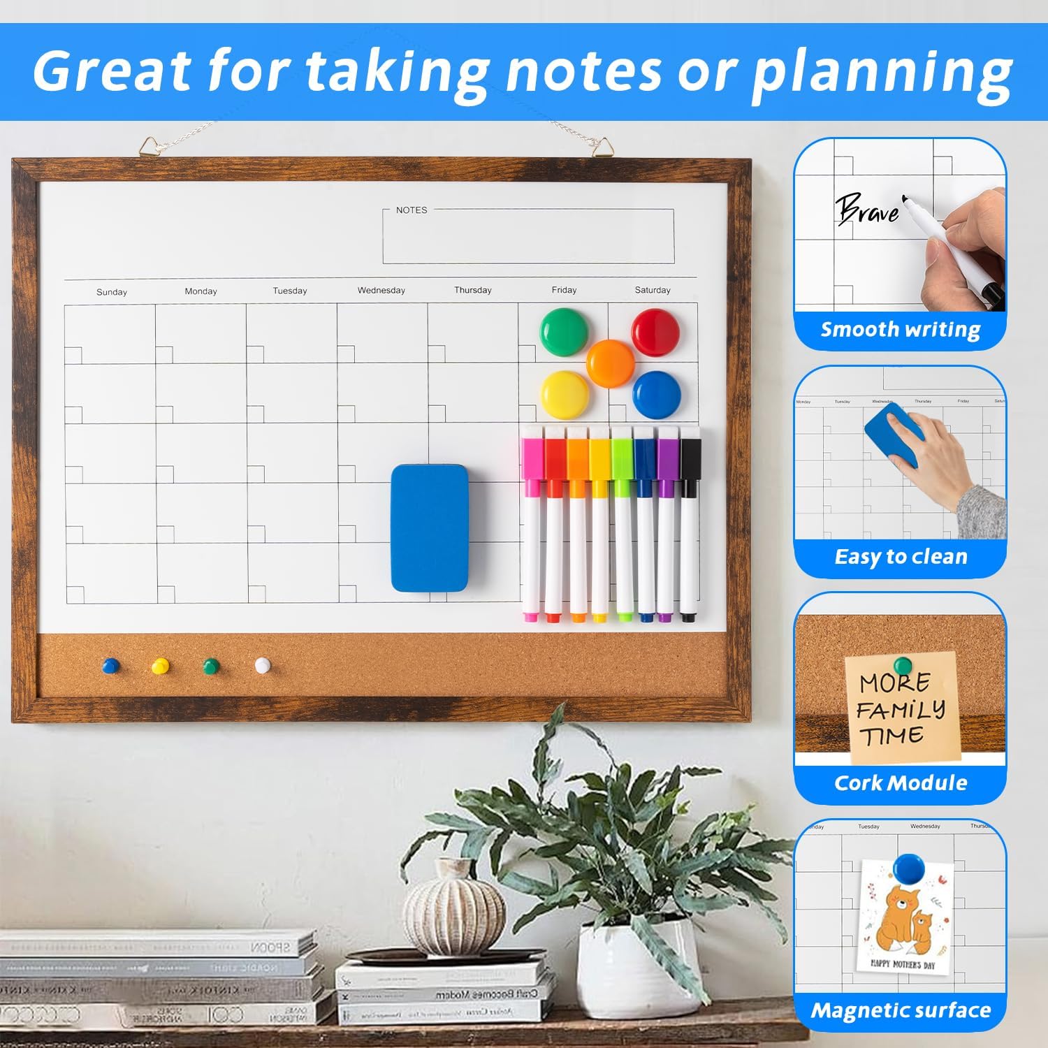 Dry Erase Calendar Whiteboard, 17" x 13" Magnetic Whiteboard Cork Board Combo, Reusable Monthly Planner with 8 Markers, Eraser, Magnets and Pushpins, Hanging Dry Erase Board for Home, School - Brown - Lumora Desk
