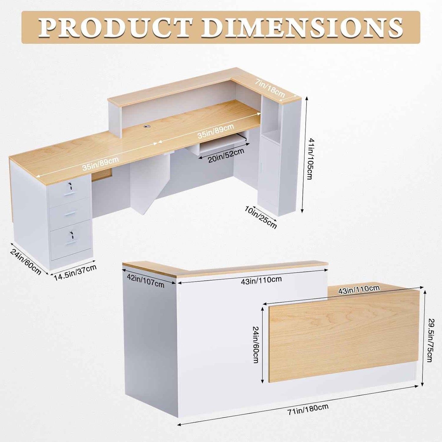 L-Shaped Large Wooden Reception Desk, Modern Front Desk Reception Counter with Lockable Drawers & Storage & Keyboard Tray, for Checkout, Lobby (Left-Natural wood/White, 71''L x 42''W x 41''H)