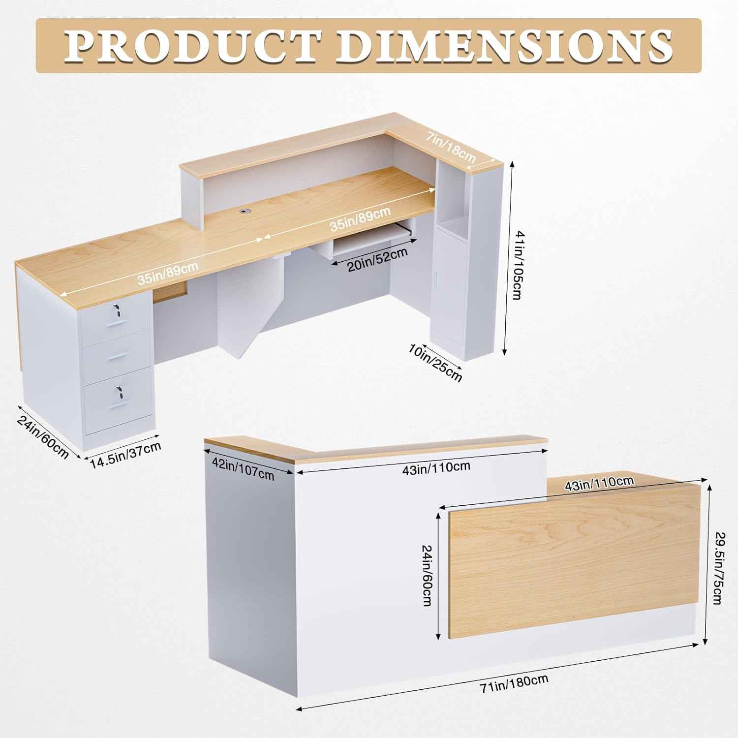 L-Shaped Large Wooden Reception Desk, Modern Front Desk Reception Counter with Lockable Drawers & Storage & Keyboard Tray, for Checkout, Lobby (Left-Natural wood/White, 71''L x 42''W x 41''H)