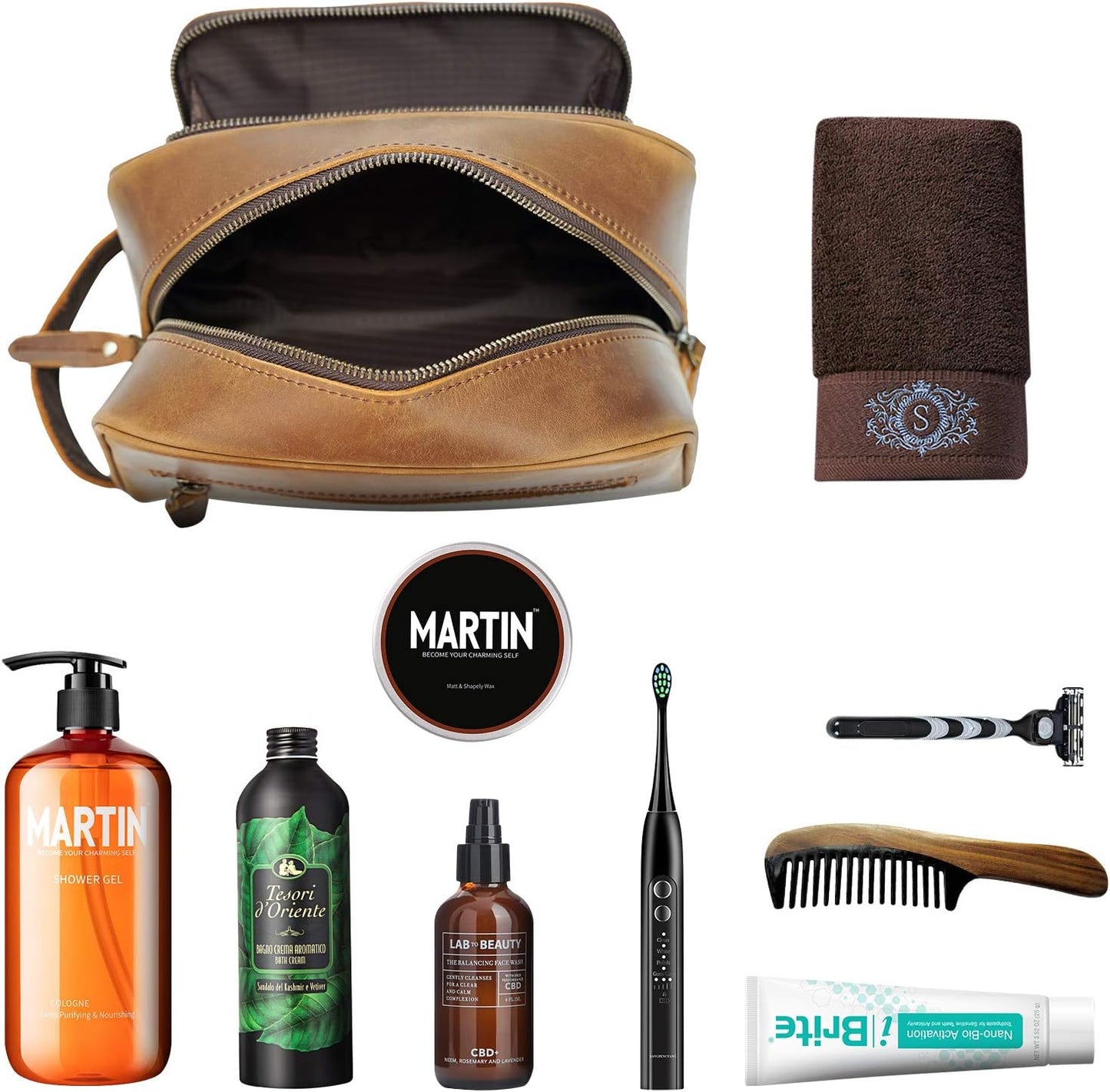 Polare Vintage Full Grain Leather Handmade Travel Toiletry Bag for Men - Dopp Kit - Shaving Kit with YKK Metal Zippers A-Brown