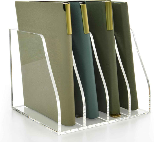 Acrylic Magazine File Holder, 4 Vertical Compartments Desk Document Sorter Organizer, Clear Folder Rack Binder for Office/Home/Classroom, for Documents, Tablet, Magazines, Books & Accessories