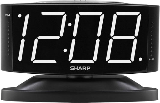 Sharp Home LED Digital Alarm Clock – Swivel Base - Outlet Powered, Simple Operation, Alarm, Snooze, Brightness Dimmer, Big White Digit Display, (Black-White LED)