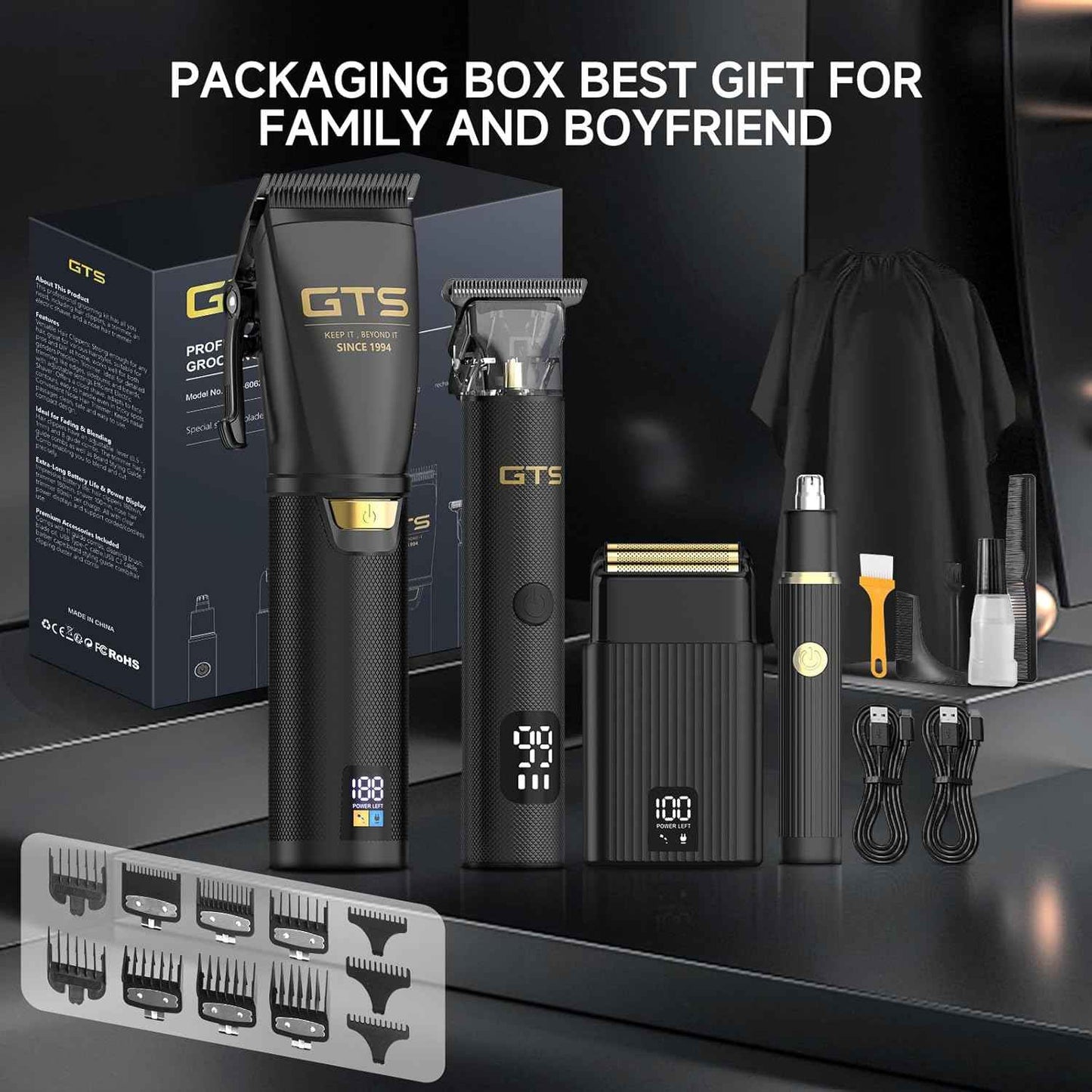 GTS Hair Clippers for Men Professional, Beard Trimmer Kits & Sets, Cordless Mens Hair Trimmer, Electric Shavers, Haircutting Machine with LED Display, for Barber 4 in 1