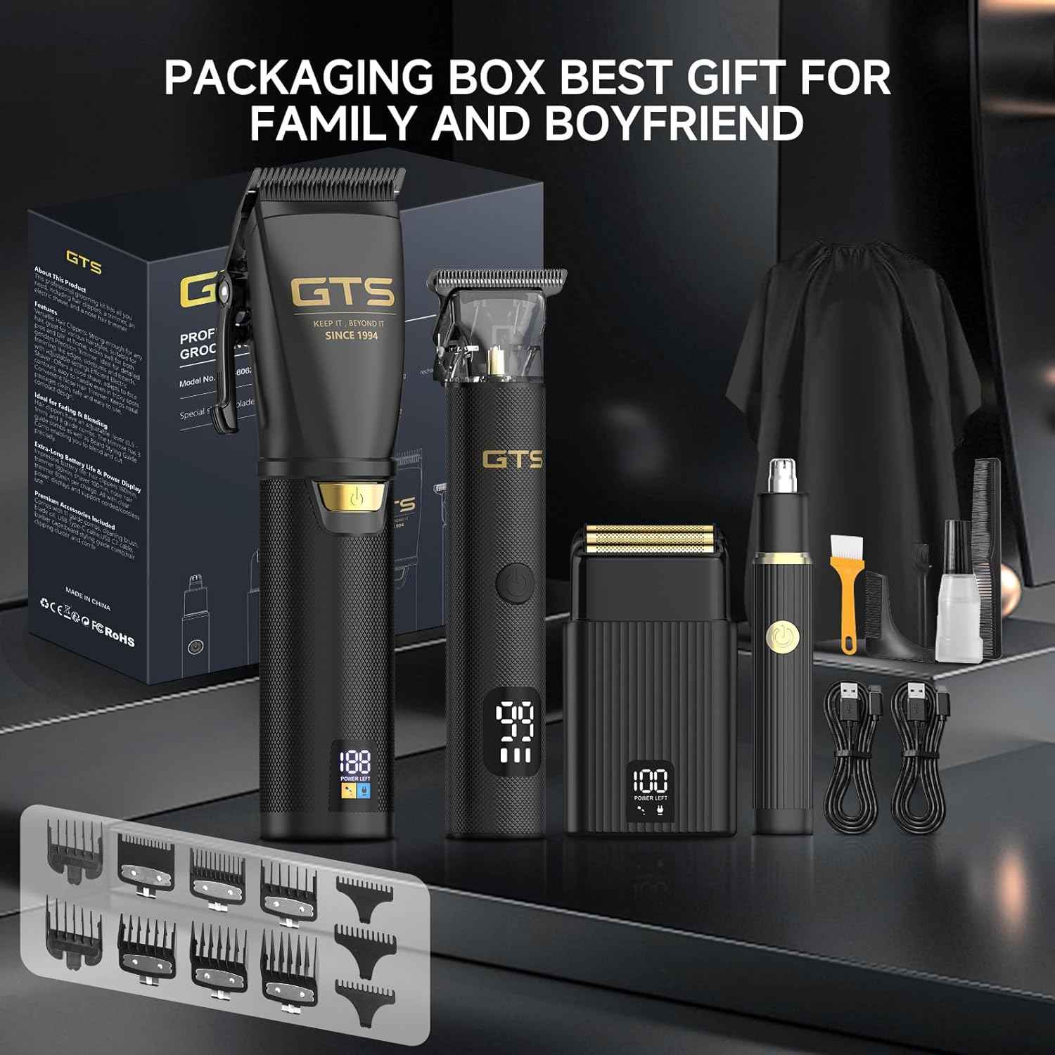 GTS Hair Clippers for Men Professional, Beard Trimmer Kits & Sets, Cordless Mens Hair Trimmer, Electric Shavers, Haircutting Machine with LED Display, for Barber 4 in 1