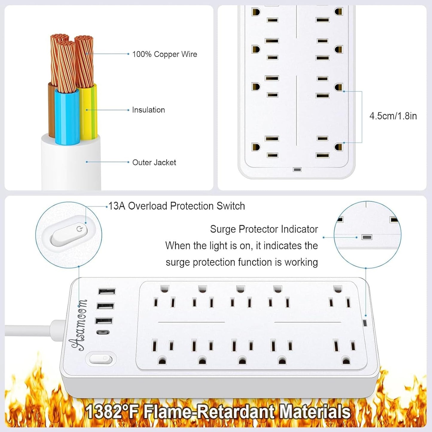 25 FT Power Strip with Surge Protection 1625W/13A, 14 Outlets and 4 USB Ports (1 USB-C), 16AWG, 1700J Flat Plug, White, ETL Listed
