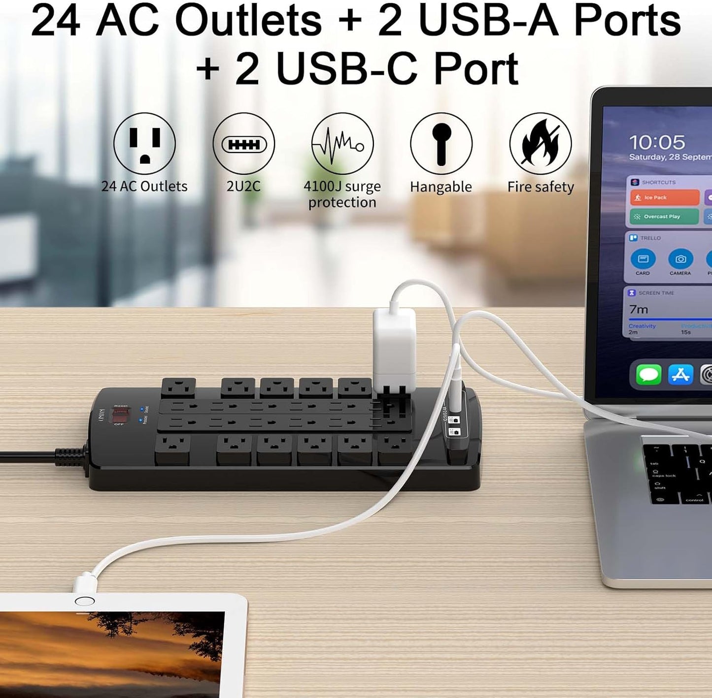 QINLIANF Surge Protector Power Strip - 20Ft Flat Plug Heavy Duty Extension Cord with 24 Outlets and 4 USB Ports(1 USB-C Ports), 1875W/15A, 4100J, for Home, Office, Dorm, ETL Listed, Black
