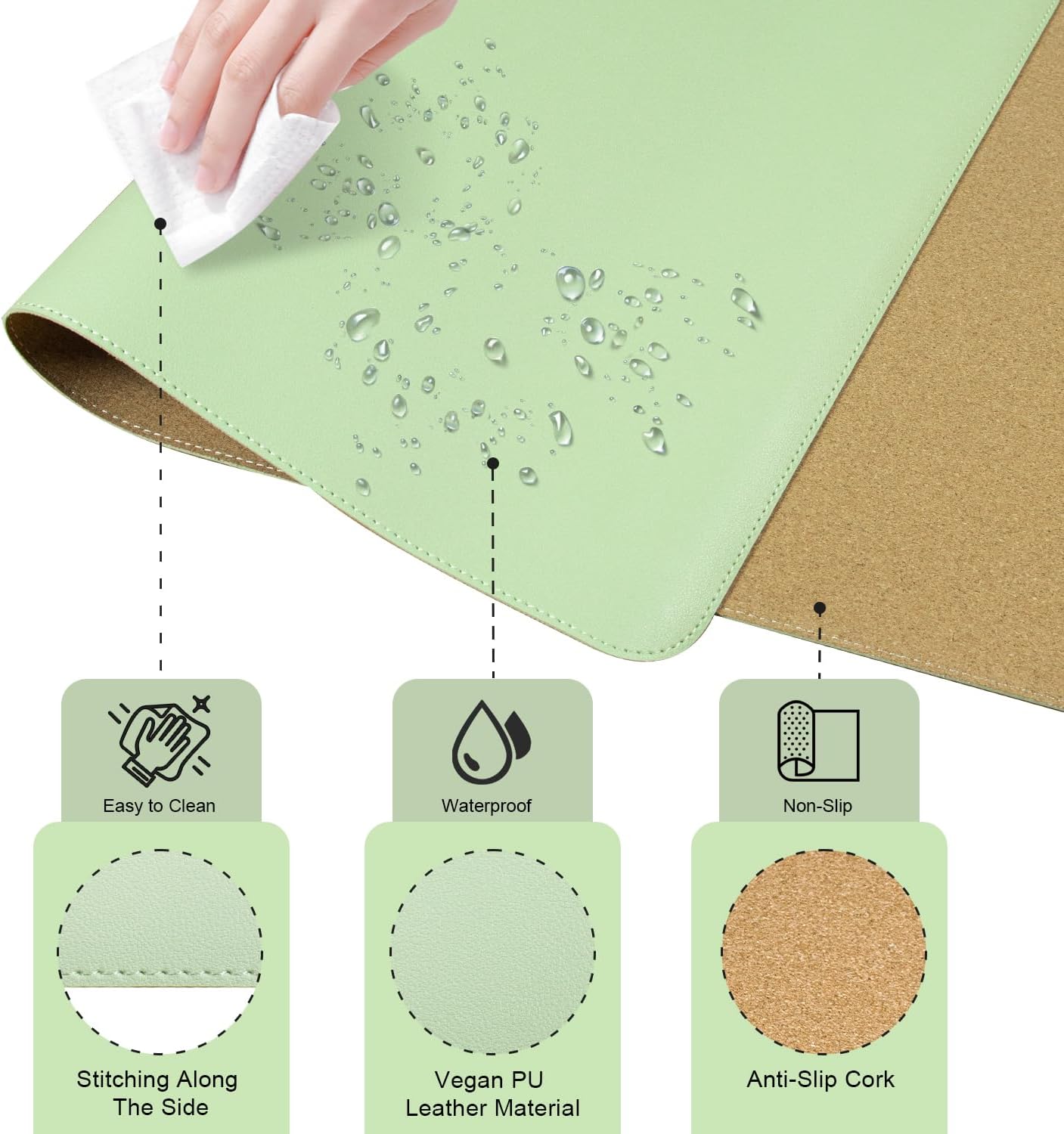 Large Desk Pad 35.4" x 17", Non-Slip Desk Mat with PU Leather & Natural Cork, Waterproof Writing Desk Natural Cork, Computer Mat Desk Protector for Office Home, Light Green