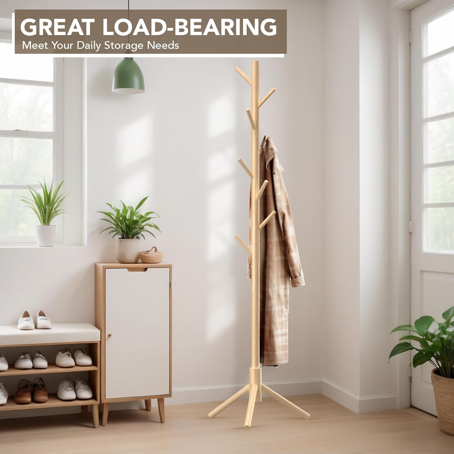 Wooden Tree Coat Rack Stand,Sturdy Freestanding Coat Rack with 8 Hooks,3 Adjustable Height for Child Adult,Wood Coat Stand Tree Fits Entryway Bedroom Office for Bags,Hats - Lumora Desk