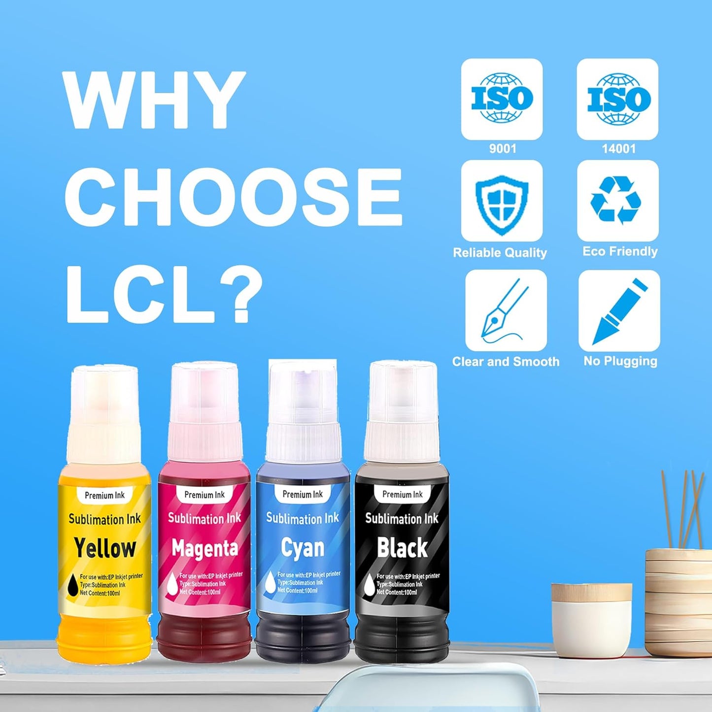 LCL 400ML Sublimation Ink Refilled Bottles Compatible with ET-2400 ET-2720 ET-2800 ET-2803 ET-2760 ET-2820 ET-2850 ET-3710 ET-4760 ET-15000 ST-4000 Inkjet Printers Heat Press Transfer on Mugs T-Shirts