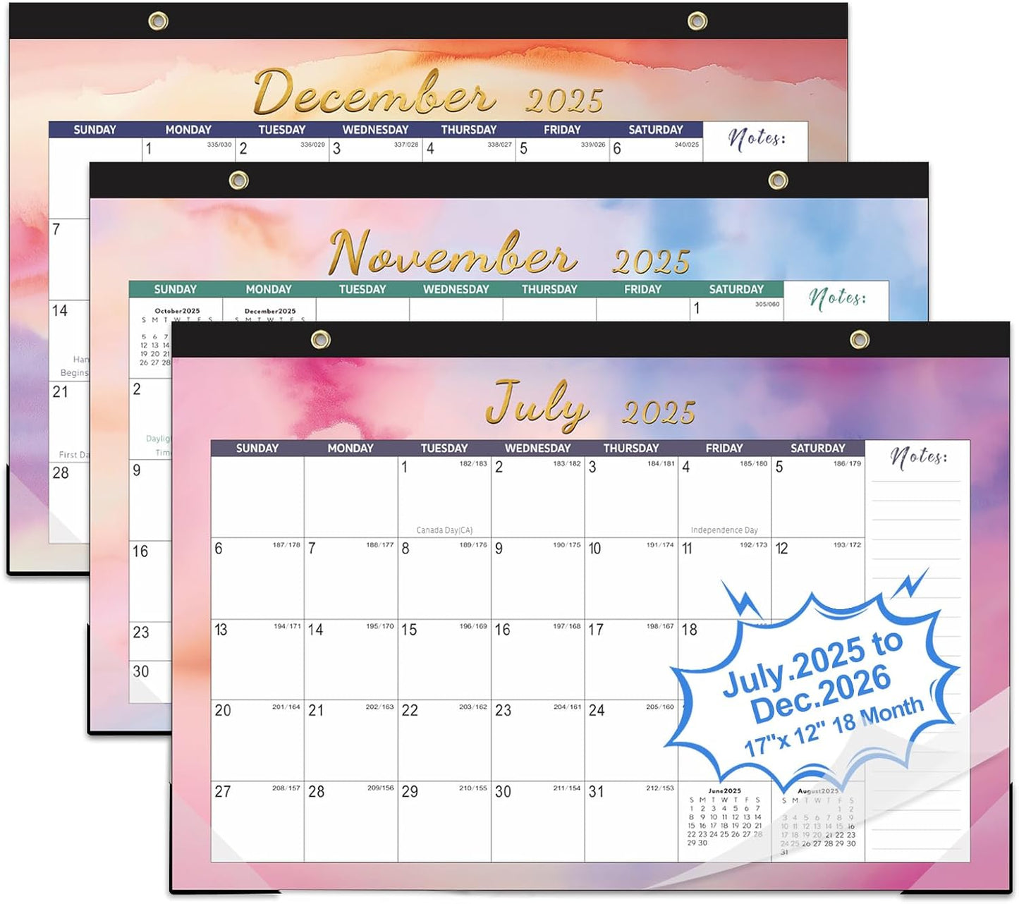 Gannyfer Desk Calendar 2025-2026, 18 Monthly, July 2025 - Dec 2026, Large Yearly Desktop/Wall Calendar 2026 with Plastic Cover Hanging String Corner Protectors, 17" x 12", Organizers for Office, Home and School