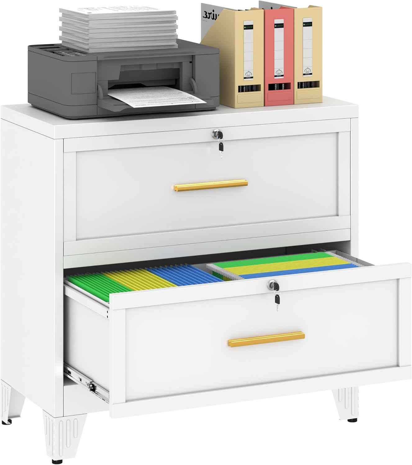 Metal Lateral File Cabinet with Lock,2 Drawer Steel Wide Filing Organization Storage Cabinets for Legal/Letter/A4/F4 Size with Hanging Files&Key,Lockable Printer Stand for Home Office, White