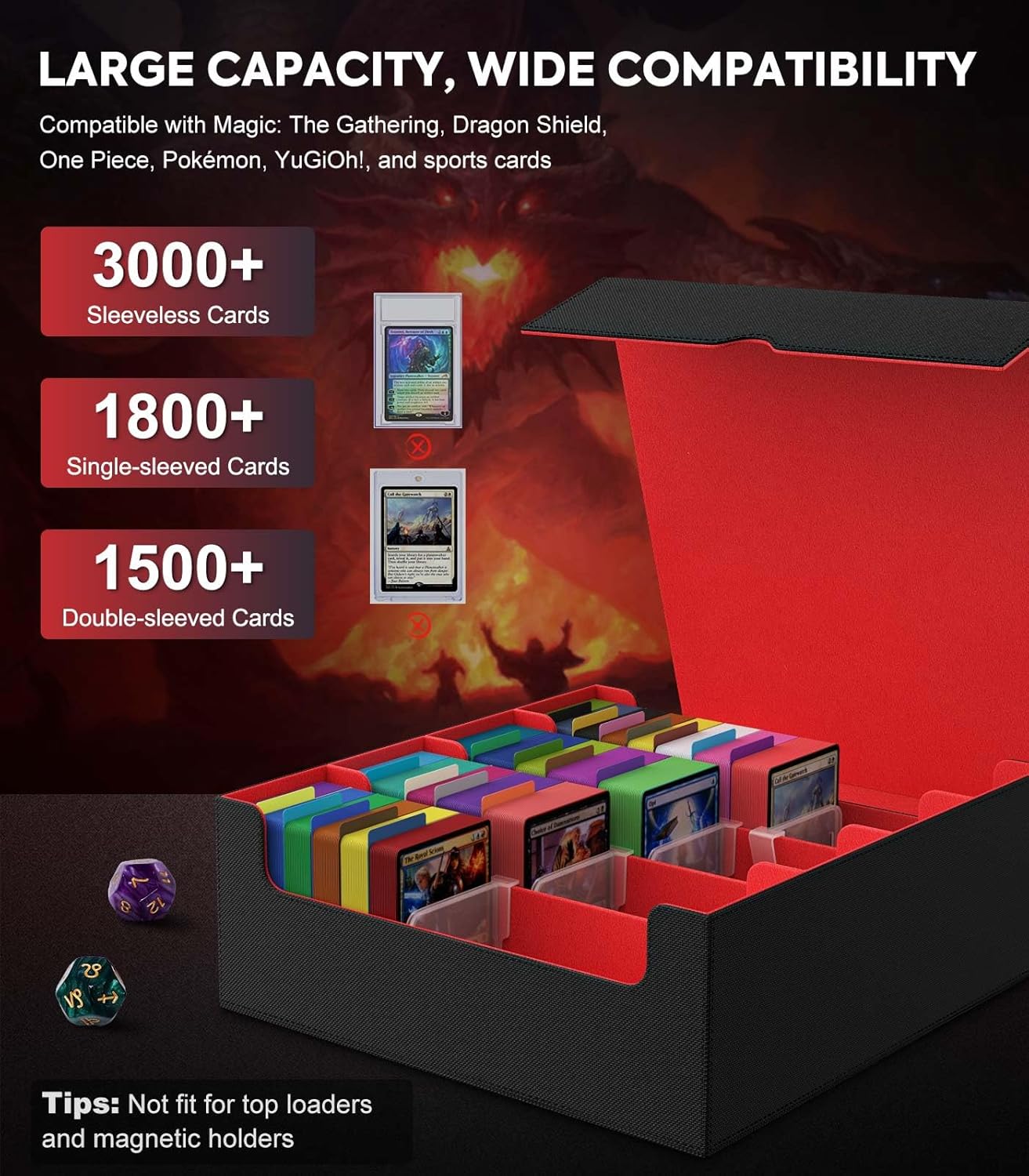 MoKo Trading Card Storage Box, 3000+ MTG Deck Box with 24 Colorful Dividers & 4 Card Supporters, Commander Card Deck Case Fits for Magic Game Cards, YugiOh, TCG, PTG and Sport Cards, Black Red
