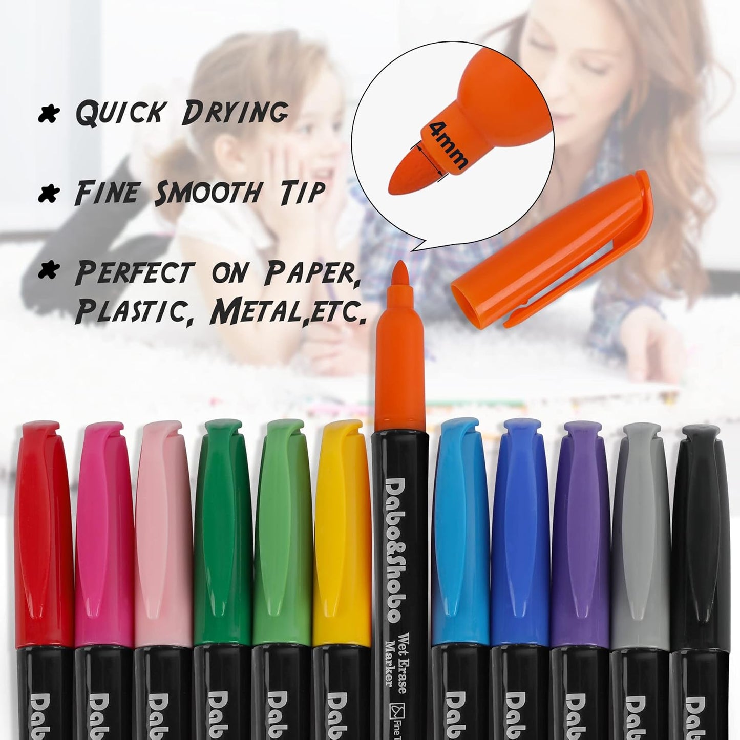 Dabo&Shobo Wet Erase Markers, 36-Count Smudge-Free, 12 Colors Fine Tip, Erases with Water! Low Odor Markers for Office, School & Home