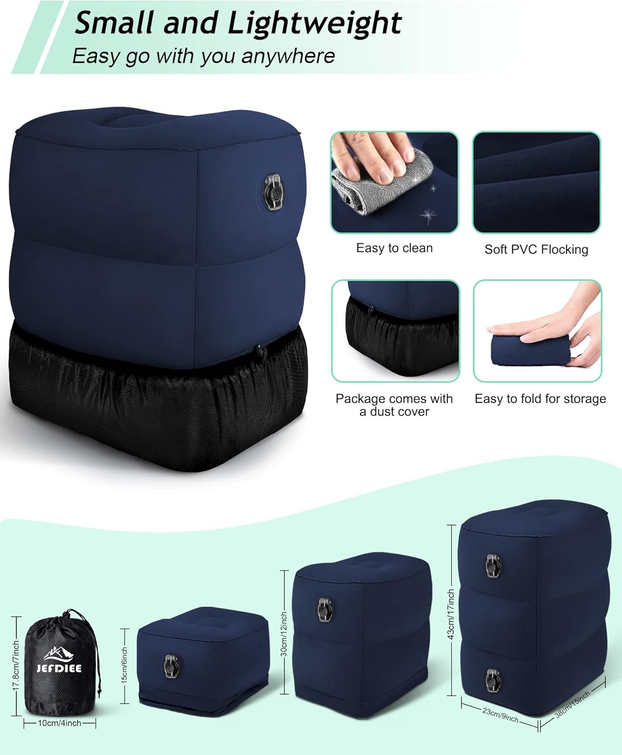 JefDiee Inflatable Travel Foot Rest Pillow, Kids Airplane Bed, Adjustable 3 Layers Height Leg Rest Pillow, Adults Travel Essentials Great for Airplane, Office, Home, Trains, Cars (Blue)