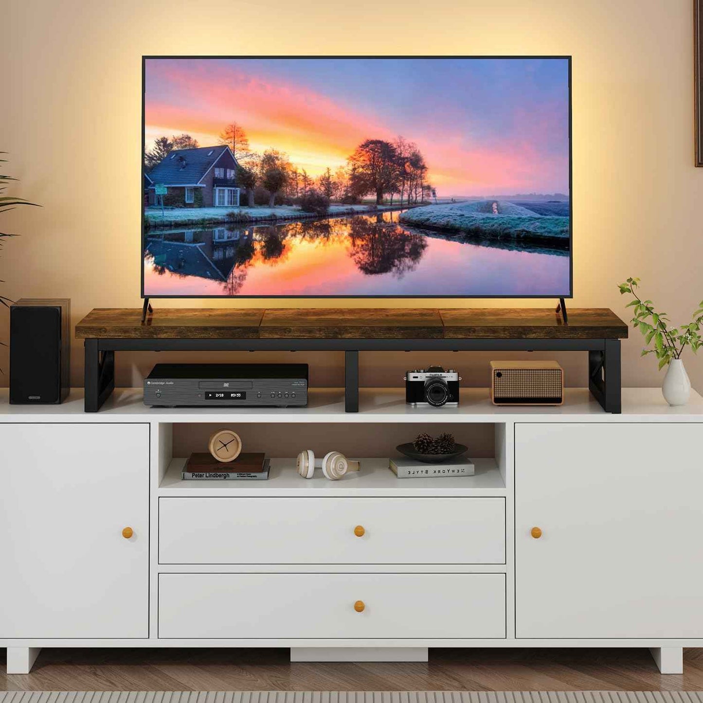 IBUYKE 45" Large TV Riser for 32-60 inch TV,Tabletop Short TV Stand with Storage and Steel Legs,Dual Screen Office Desk,Stand Riser,TV Riser Stand for Home,Bedroom,Living Room,Rustic Brown TVT002H