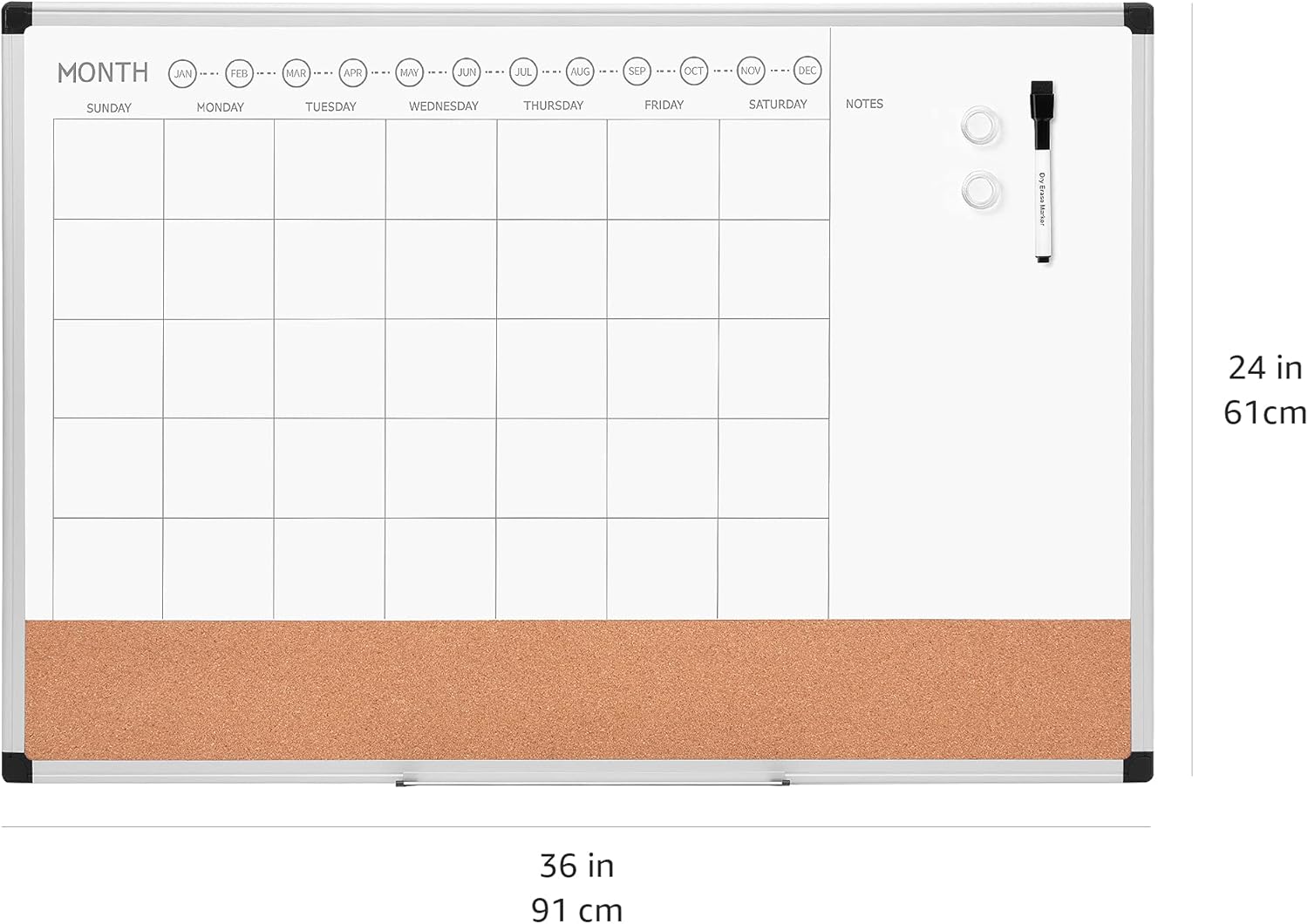 Amazon Basics 24" x 36" Monthly Whiteboard Calendar with Cork Board, Wall Mounted, Easy to Install, Silver Aluminum Frame - Lumora Desk