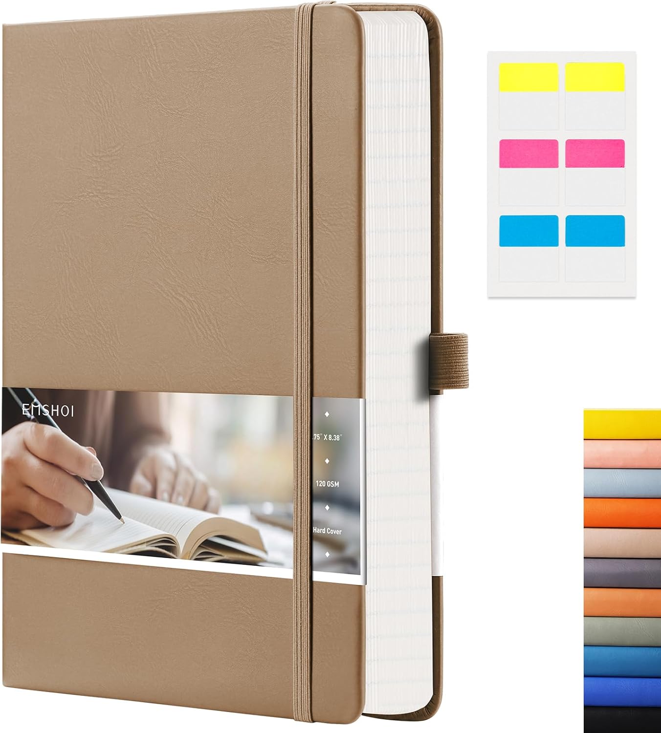 EMSHOI Lined Journaling Notebook - 120gsm Leather Journal with Sticky Notes & 256 Numbered Pages, A5 Hardcover College Ruled Notebook for Work, School, Writing, 5.75”x8.38” - Khaki