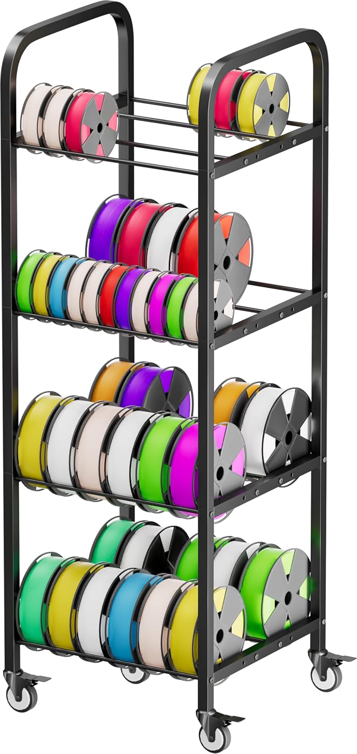 4-Tier 3D Printer Filament Storage Rack with Wheels, Rolling Spool Holder Stand Cart, Holds up to 48×1kg Spools, Heavy Duty Metal Filaments Organizer Shelf for Printing Studio Office Workshop