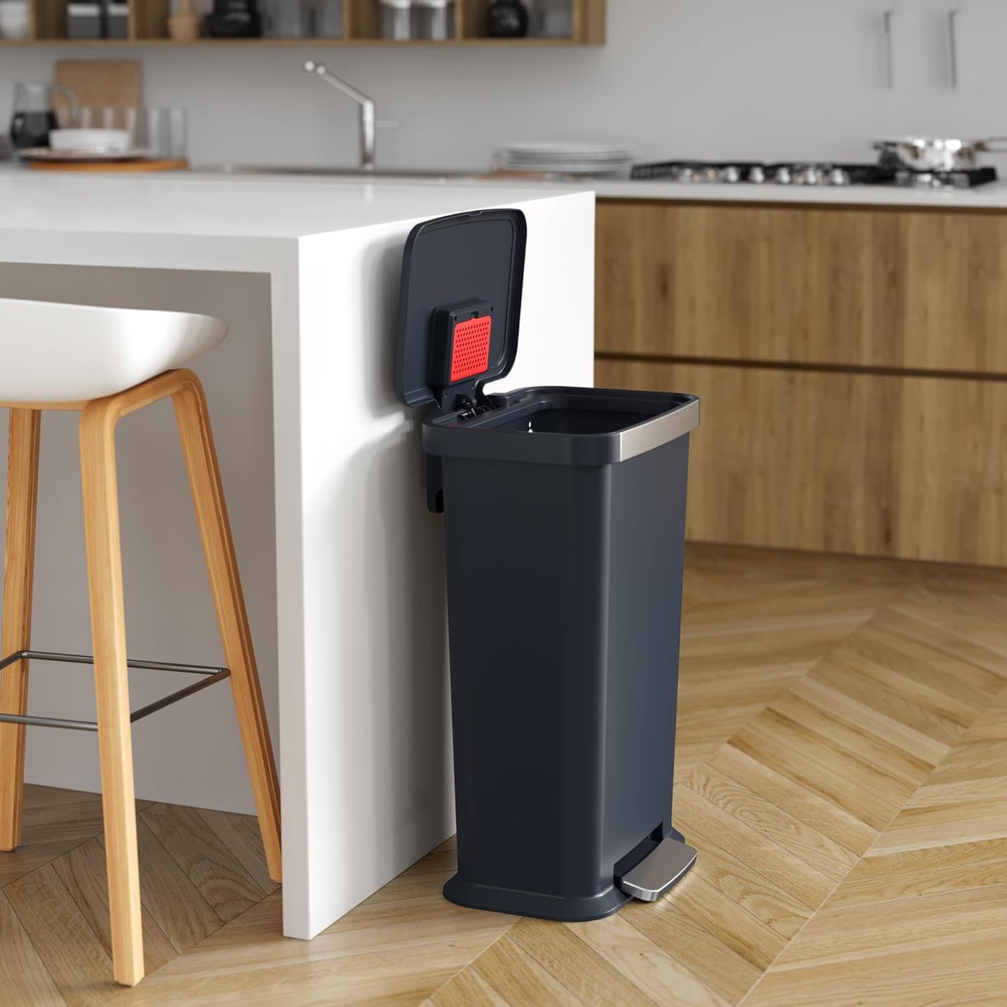 iTouchless SoftStep 13.2 Gal / 50L Step Pedal Kitchen Trash Can with Odor Filter, Stainless Steel Trim Dent-Proof Durable Construction, Garbage Bin with Lid for Home Office, Bedroom, Black Plastic