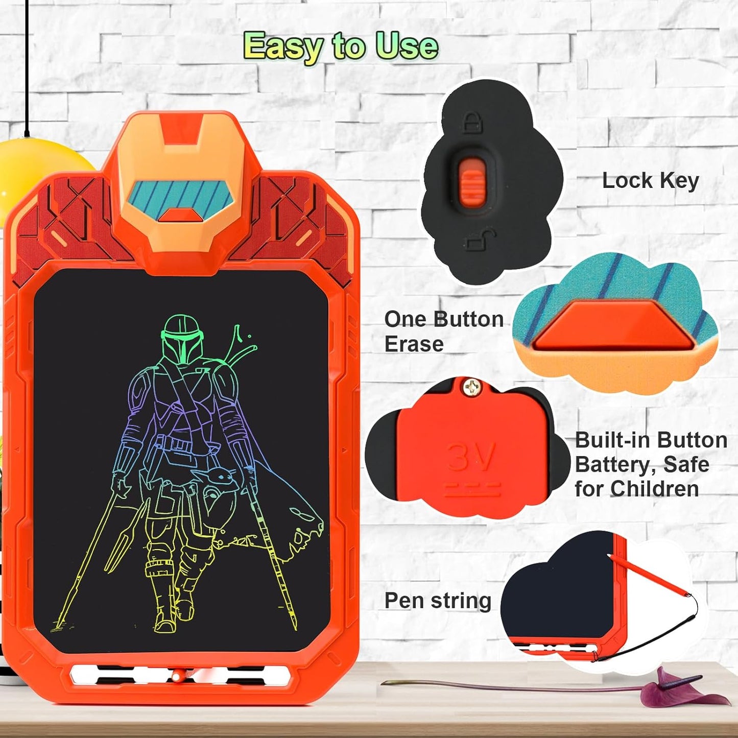 10 Inch LCD Writing Tablet for Kids – Mech Warrior, Erasable Doodle Board Drawing Pad, Travel Educational Toy for Toddlers 3-8, Birthday Boys & Man (Orange)