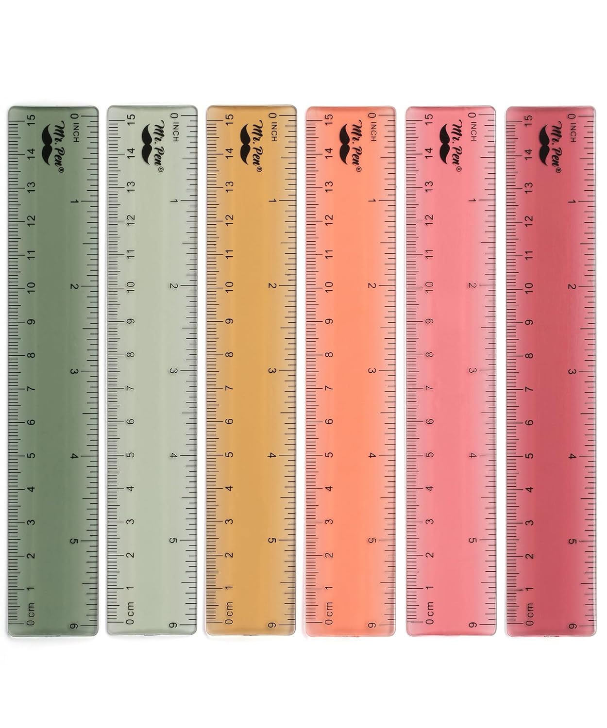 Mr. Pen- Ruler, 6 Inch, 6 Pack, Vintage Colors, Rulers for School, Clear Plastic Ruler, Back to School Supplies