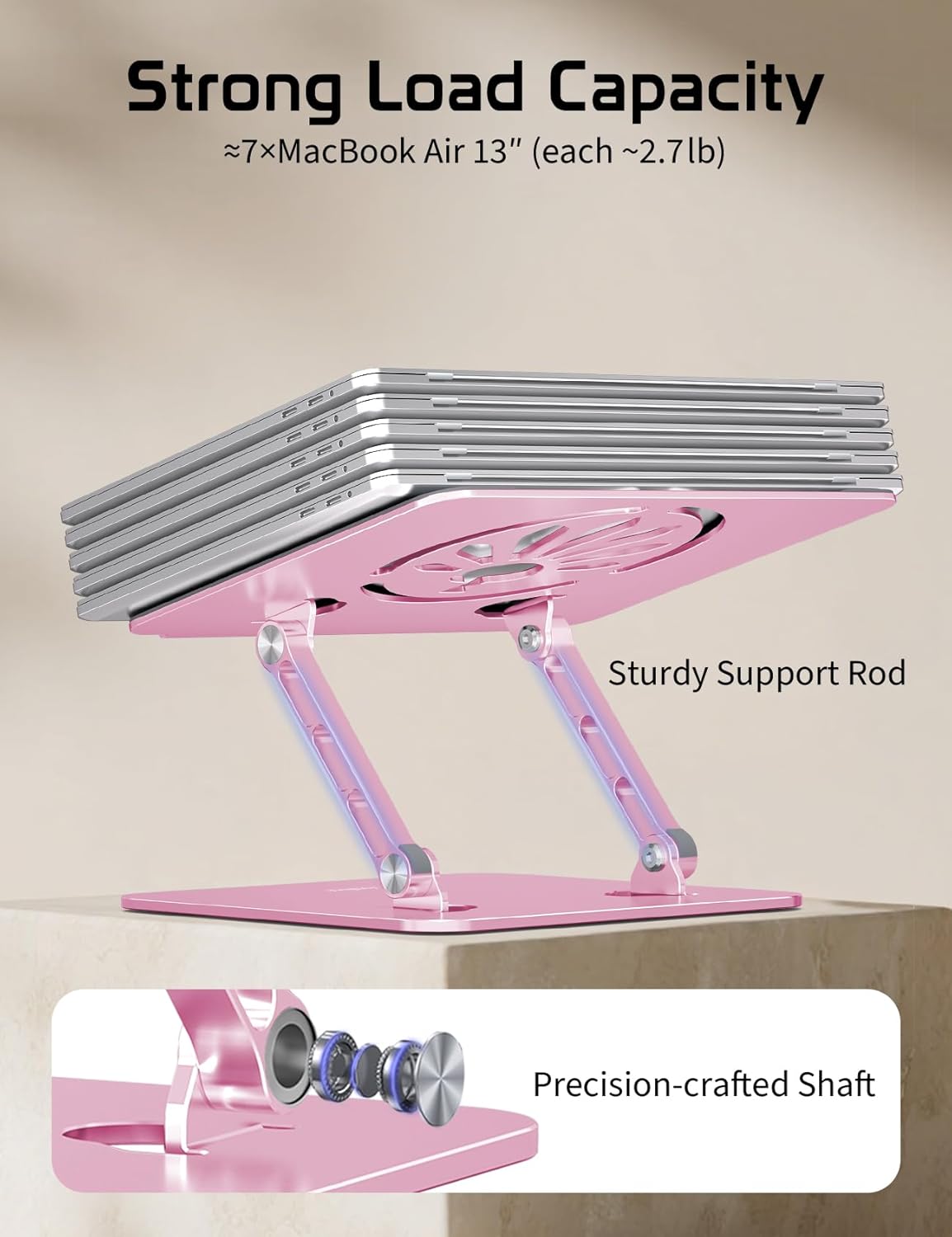 Aluminum Laptop Stand Adjustable Height & Angle | Ergonomic Riser for MacBook, Notebook & Tablet | Foldable, Portable, Ventilated Design for Office, Home, Travel – Fits 10"-15.6" Devices,Pink