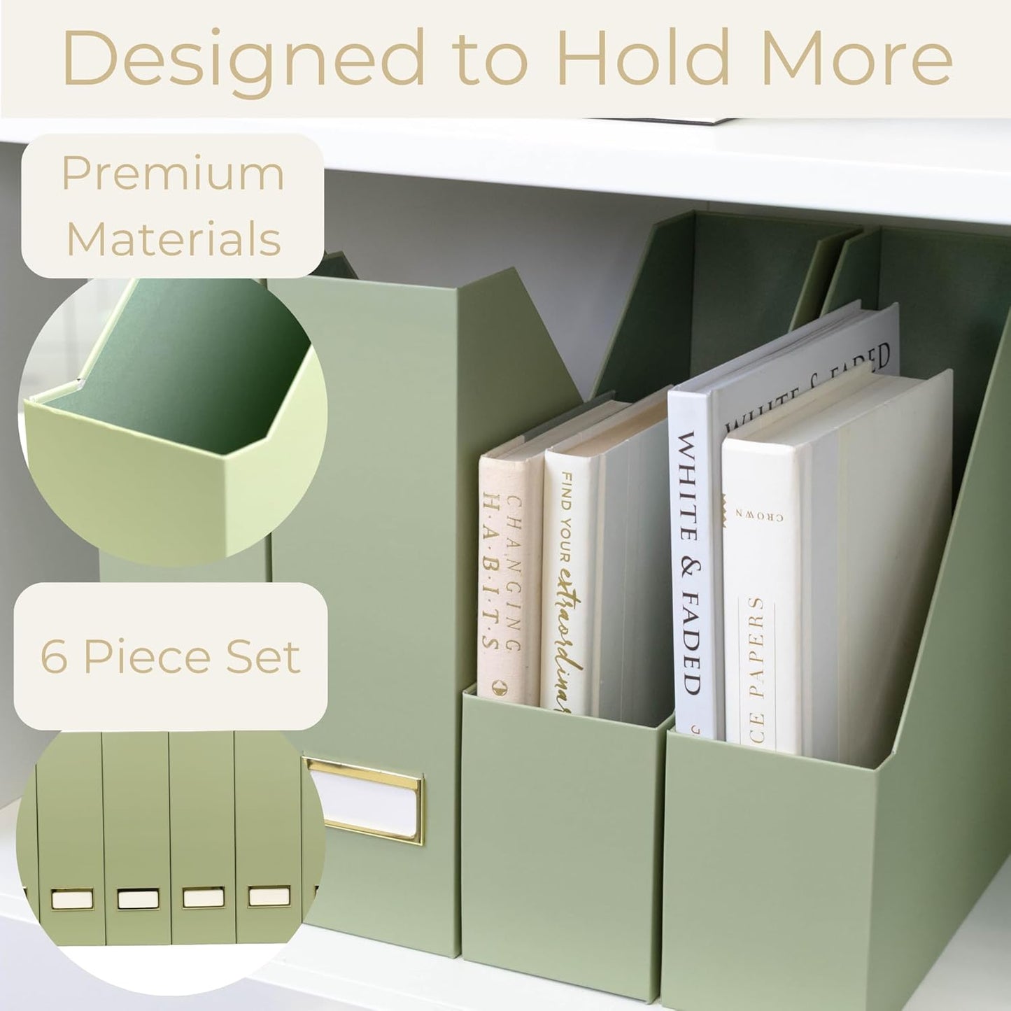 BLU MONACO Set of 6 Foldable Magazine File Holders in Earth Green – Sturdy Cardboard Vertical Organizers with Label Holders – Office File Storage Box, Desk Organizer, Paperwork and Document Holder