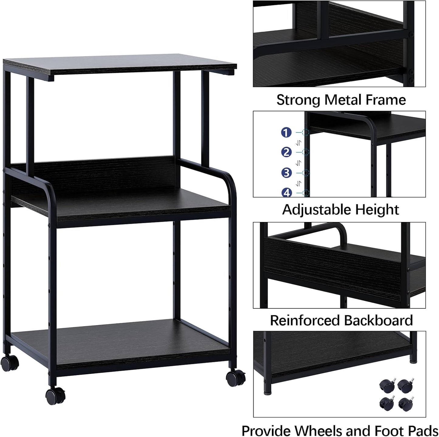 Printer Stand with Storage Shelf,3 Tier Printer Cart with Wheels,Mobile Printer Table for Home Office,Stands for Heat Press Scanner Fax,Industrial Style (Black)