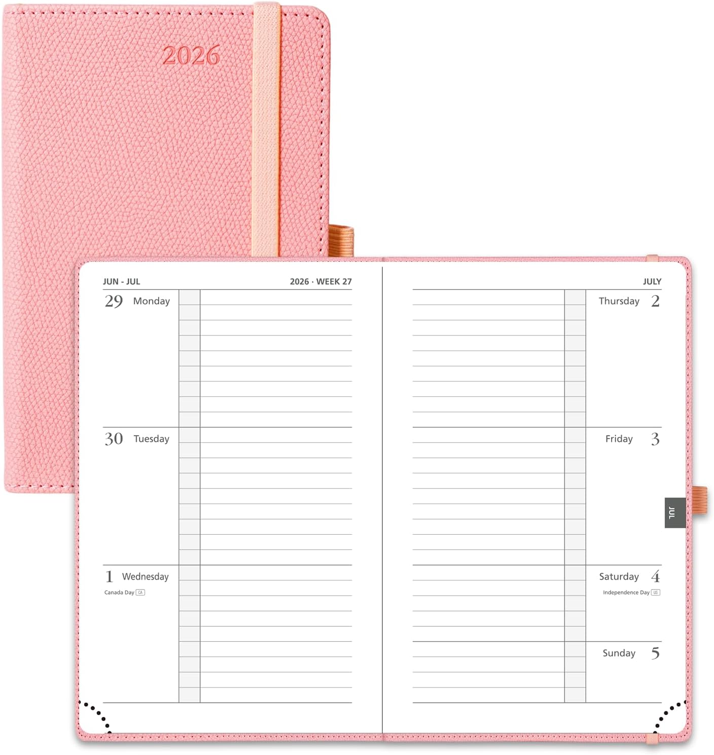 POPRUN Weekly Planner 2026 Calendar (Pocket 4'' x 6.25'') 12 Months Notebook with Horizontal Layout, Leather Hardcover, Inner Pocket, 100GSM Thick Paper, Pen Holder - Soft Pink