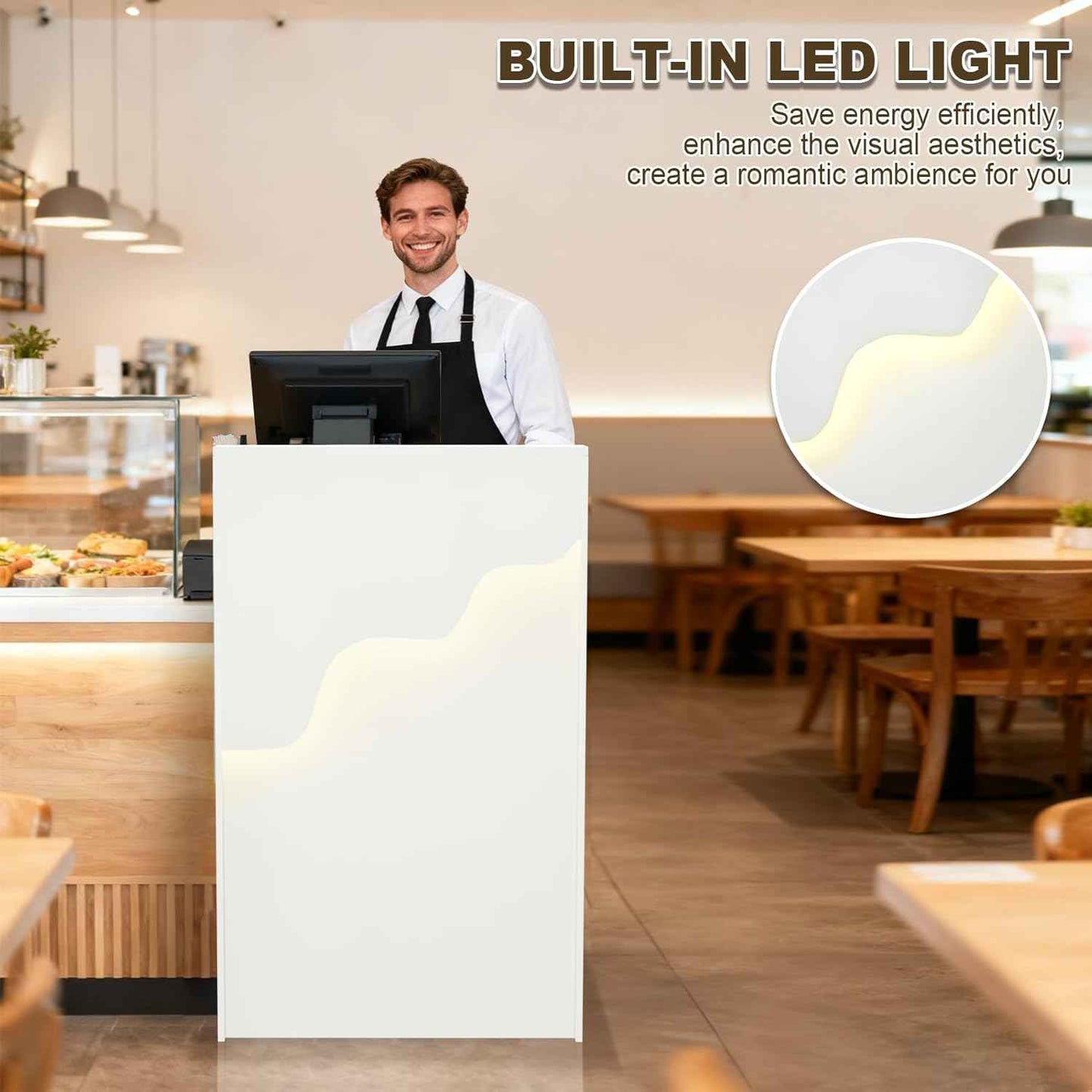 Reception Desk with Counter, Small Modern Front Desk with LED Light and Lockable Drawer, White Reception Table Retail Checkout for Counter for Lobby, Beauty Salon (37.8"L x 23.6"W x 15.7"H)
