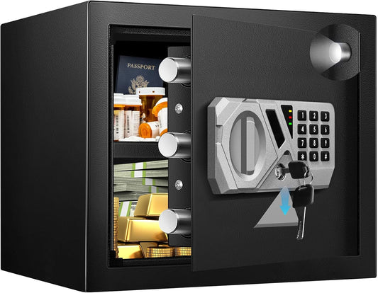 1.3 Cu Ft Small Fireproof Home Safe Box - External Type-C Backup, Steel Security Combination Key Lock Box with Removable Shelf, Safety Box for Document Jewelry Money