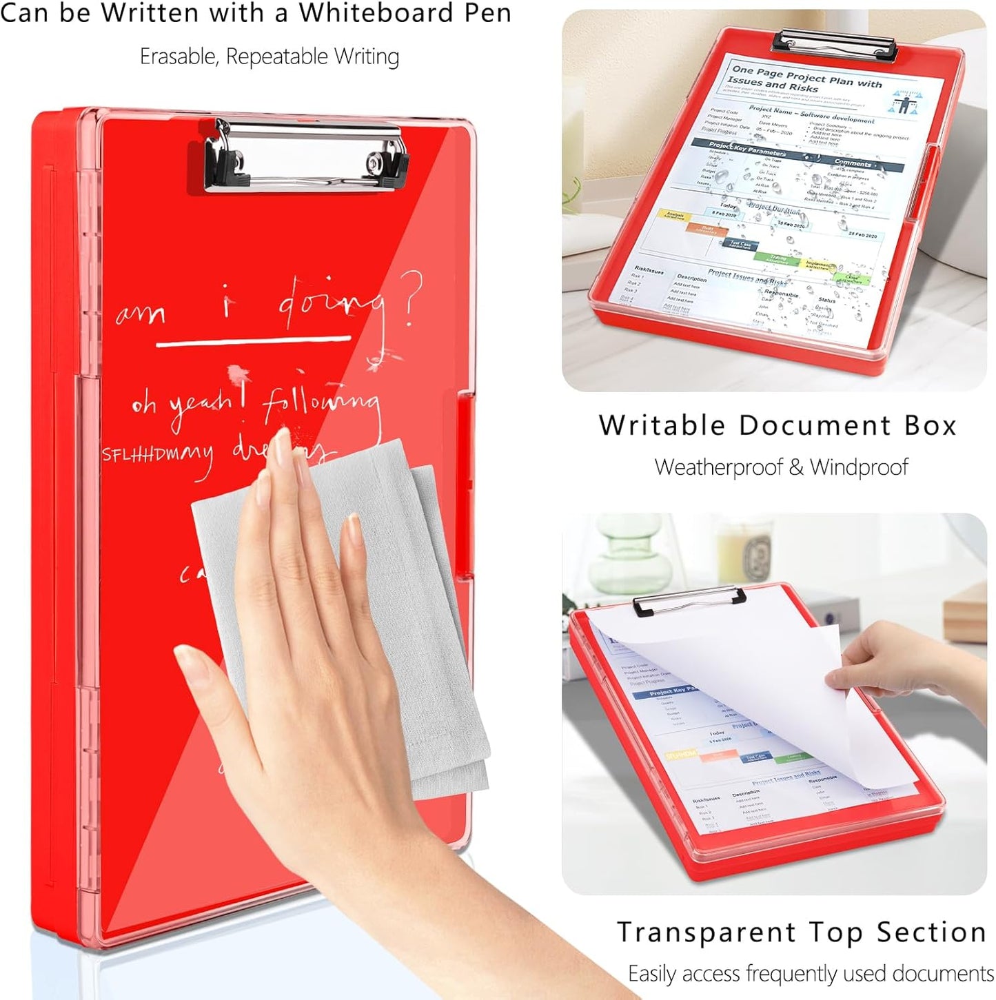 Clipboard with Storage,Heavy Duty Clip Boards 8.5x11 with 2 Storage Case,Clear Visible Top Panel Storage Clipboards,Side Opening Clip Boards,Nursing Clipboard Folder Case for Office Supplies-Red