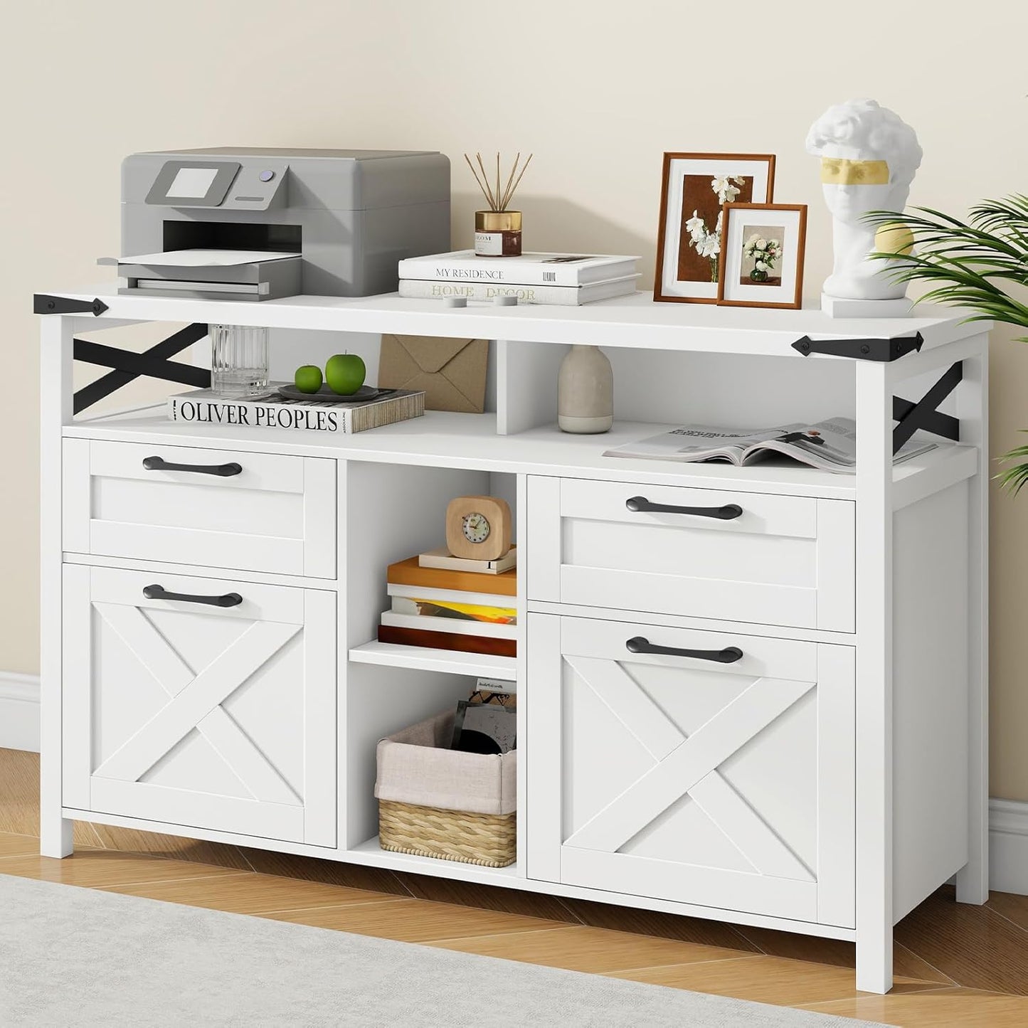 Farmhouse Filing Cabinet with Adjustable Shelf for Home Office, Lateral File Cabinets 4 Drawers with Open Storage Shelf, Filing Organization Storage Cabinets for Hanging Files Letter/A4.(White)