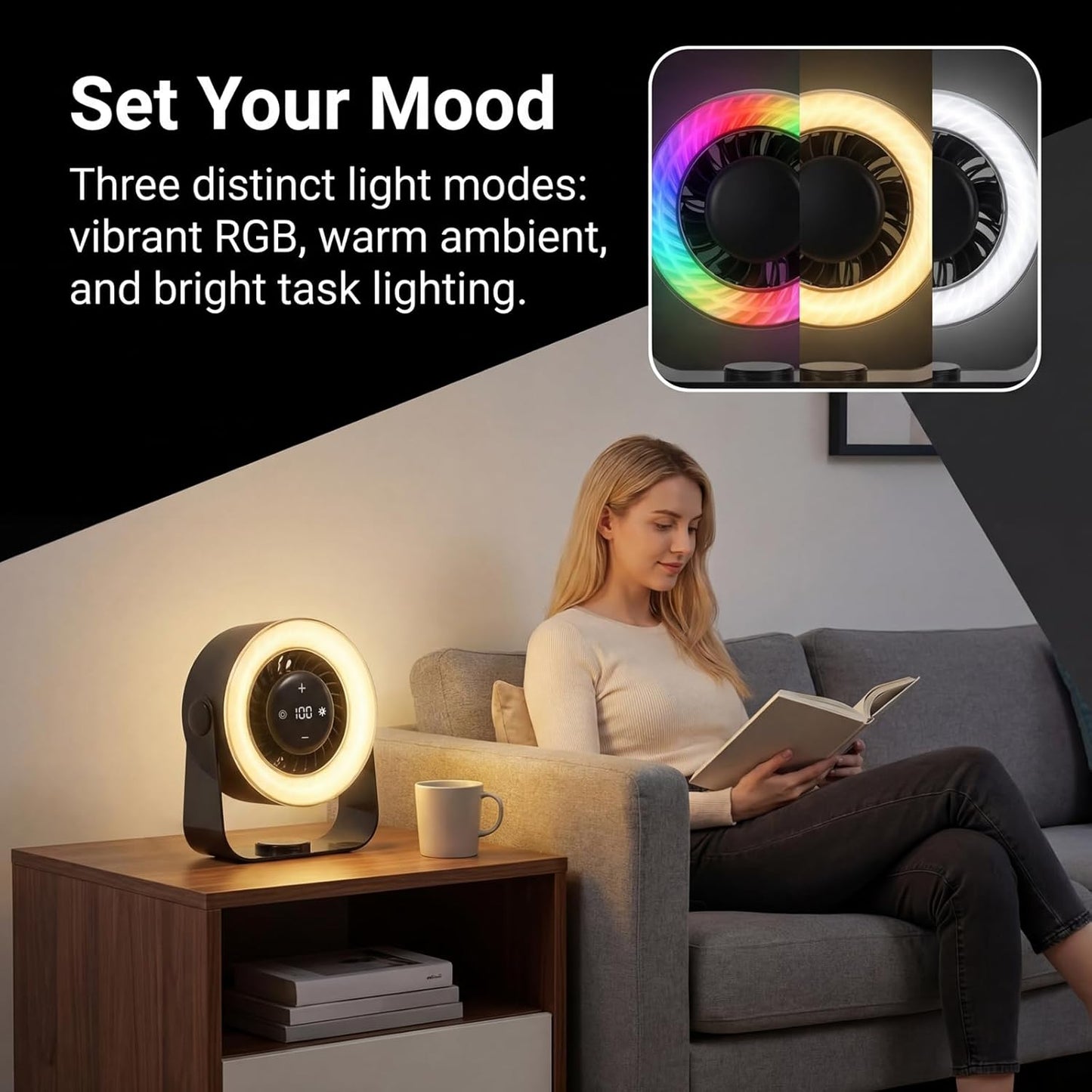 Desk Fans for Bedroom,Portable Colored LED Light 100 Speed Digital Display USB Rechargeable Table Fan,Quiet Wall-Mounted Desk Fan for Home Office Bedroom Camping Traveling(Black)