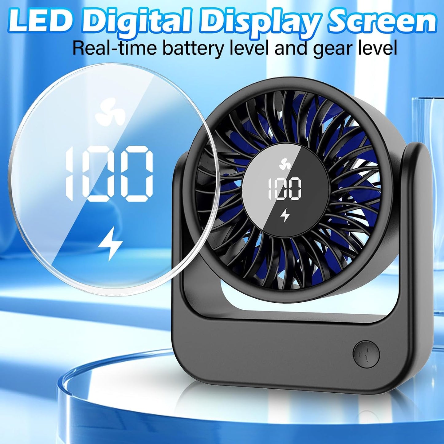Desk Fan, Small Quiet Table Fan, Digital Display, 360° Adjustable Tilt, 5 Speeds Powerful Wind, USB Rechargeable Battery Operated, Personal Portable Fans for Home Office Desktop Bedside Makeup, Black