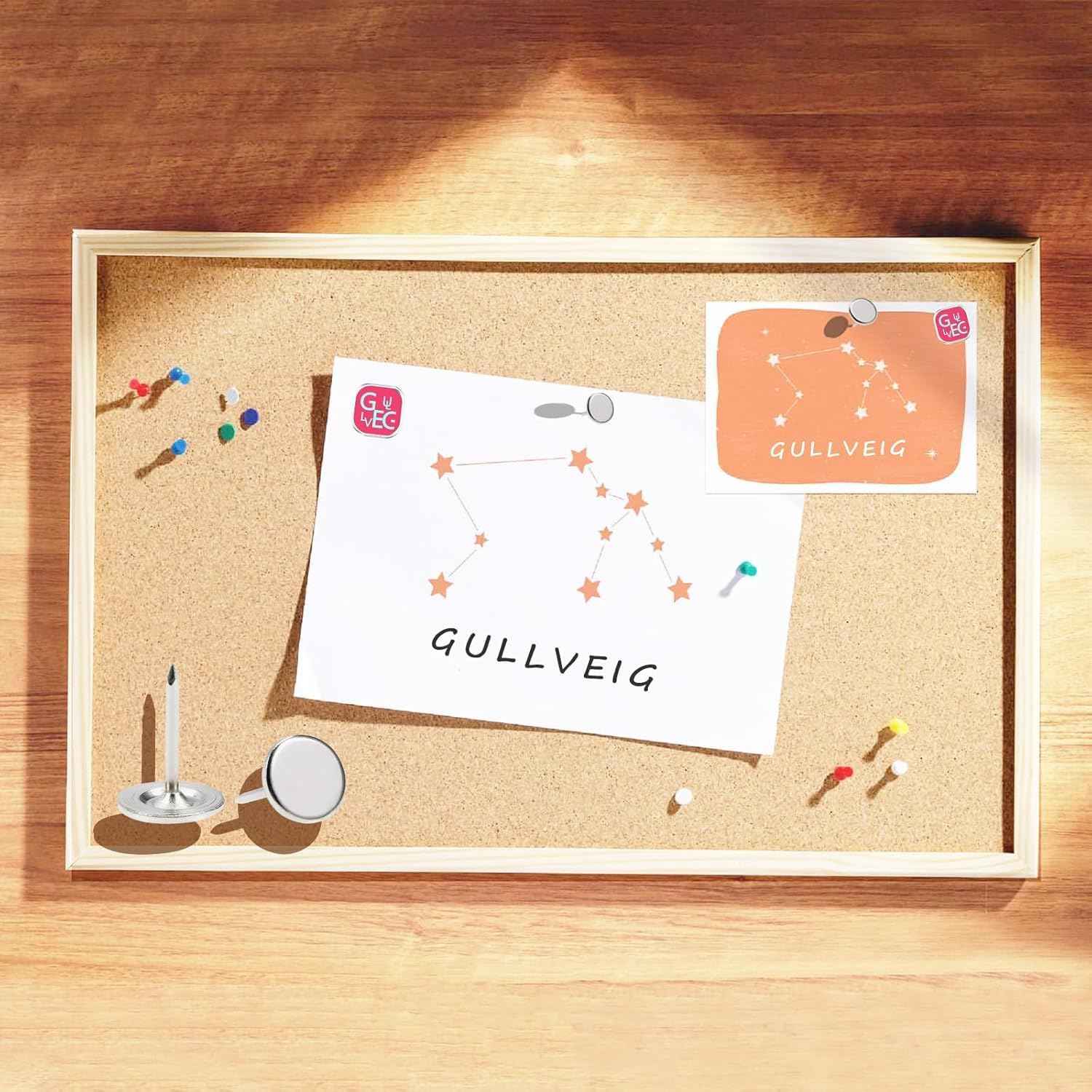 Gullveig Silver Push Pins and Thumb Tacks: Heavy Duty Flat Upholstery, Long Carpet Tacks, and Decorative Nails for Wood and Fabric, 30 Count