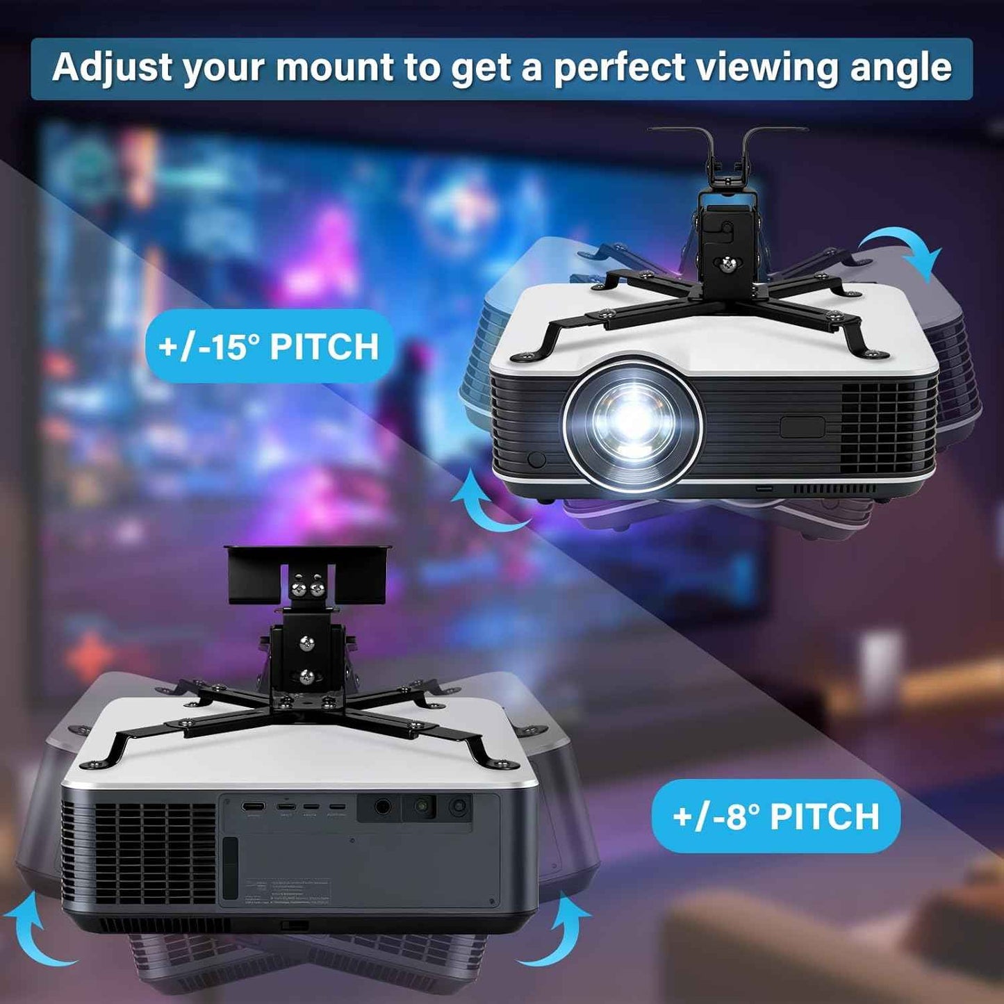 Projector Mount Ceiling/Wall - Universal 3-in-1 Bracket with Extension Pole& Cable Ties