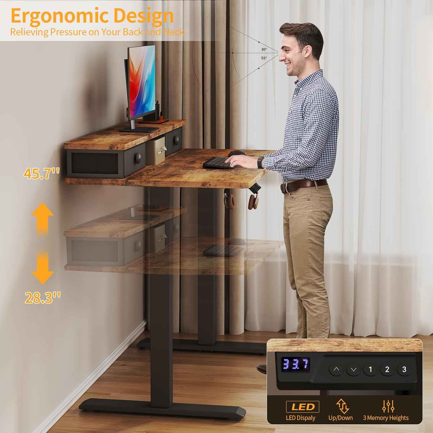 Electric Standing Desk Adjustable Height - 40 Inch Sit Stand Desk with Storage Drawers , Small Standing Desks with Shelf Monitor Stand, Kids Girls Computer Desks for Bedroom Home Office, Rustic Brown